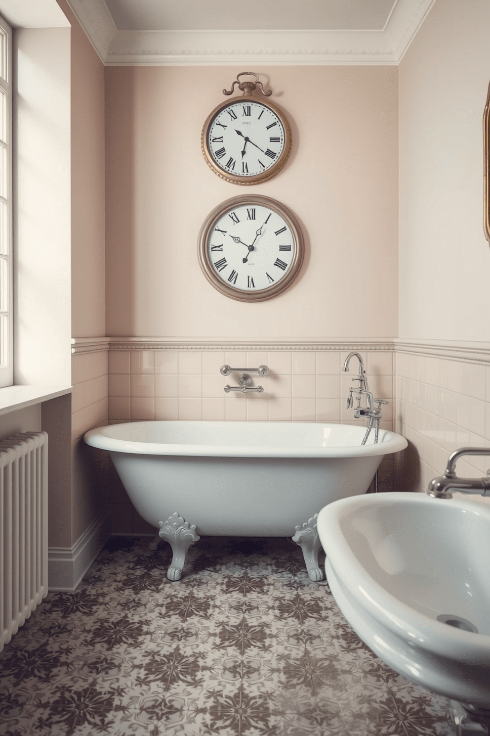 A charming vintage clock hangs on the wall, adding a timeless touch to the space. The clock features ornate details and a classic finish that complements the vintage aesthetic of the bathroom. The bathroom showcases a clawfoot tub surrounded by elegant fixtures and soft pastel colors. Vintage tiles with intricate patterns cover the floor, creating a cozy and inviting atmosphere.