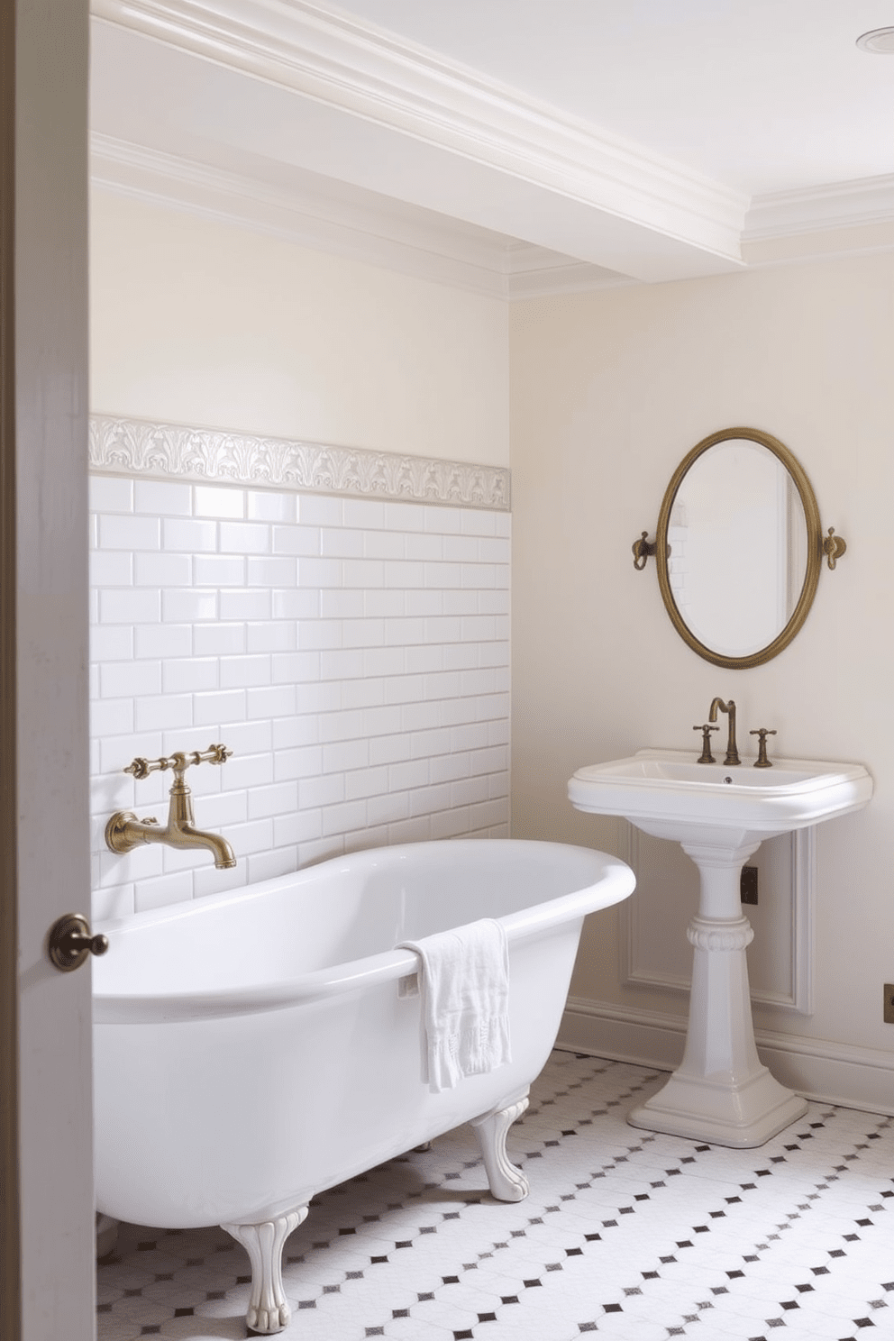 A vintage bathroom design featuring a subway tile backsplash adorned with intricate decorative trim. The space includes a freestanding clawfoot tub and a pedestal sink, both finished in classic white. Soft pastel colors dominate the walls, enhancing the overall vintage appeal. Antique brass fixtures complement the design, adding a touch of elegance to the room.