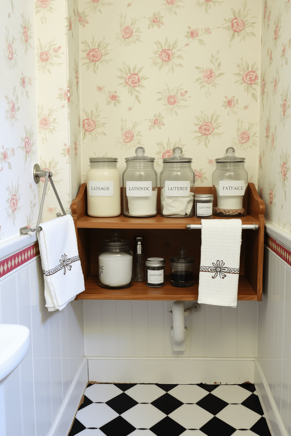 A charming vintage bathroom setting featuring stylish glass jars for toiletries arranged neatly on a wooden shelf. The walls are adorned with delicate floral wallpaper, and the floor is covered with classic black and white checkerboard tiles.