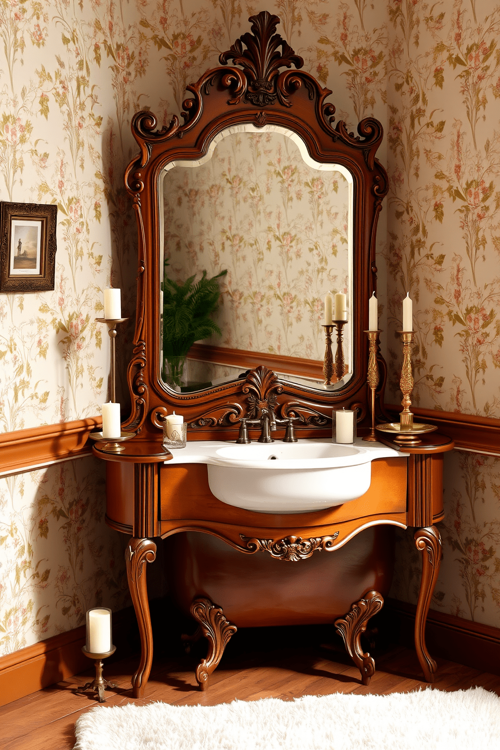 Antique vanity with an ornate mirror frame. The vanity features intricate carvings and a polished wood finish, complemented by a vintage-style faucet and porcelain sink. The walls are adorned with floral wallpaper in soft pastel colors, creating a charming and inviting atmosphere. A clawfoot bathtub sits in the corner, surrounded by decorative candles and a plush rug.