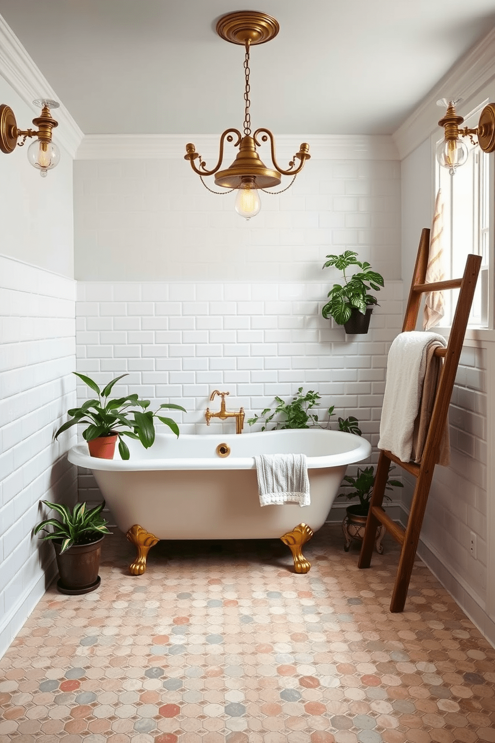 A vintage bathroom setting featuring elegant light fixtures in a brass finish that cast a warm glow throughout the space. The walls are adorned with classic white subway tiles, and the floor is covered in a soft pastel-colored mosaic. The centerpiece is a freestanding clawfoot bathtub, surrounded by potted plants for a touch of greenery. A wooden ladder holds fluffy towels, adding a rustic charm to the vintage design.