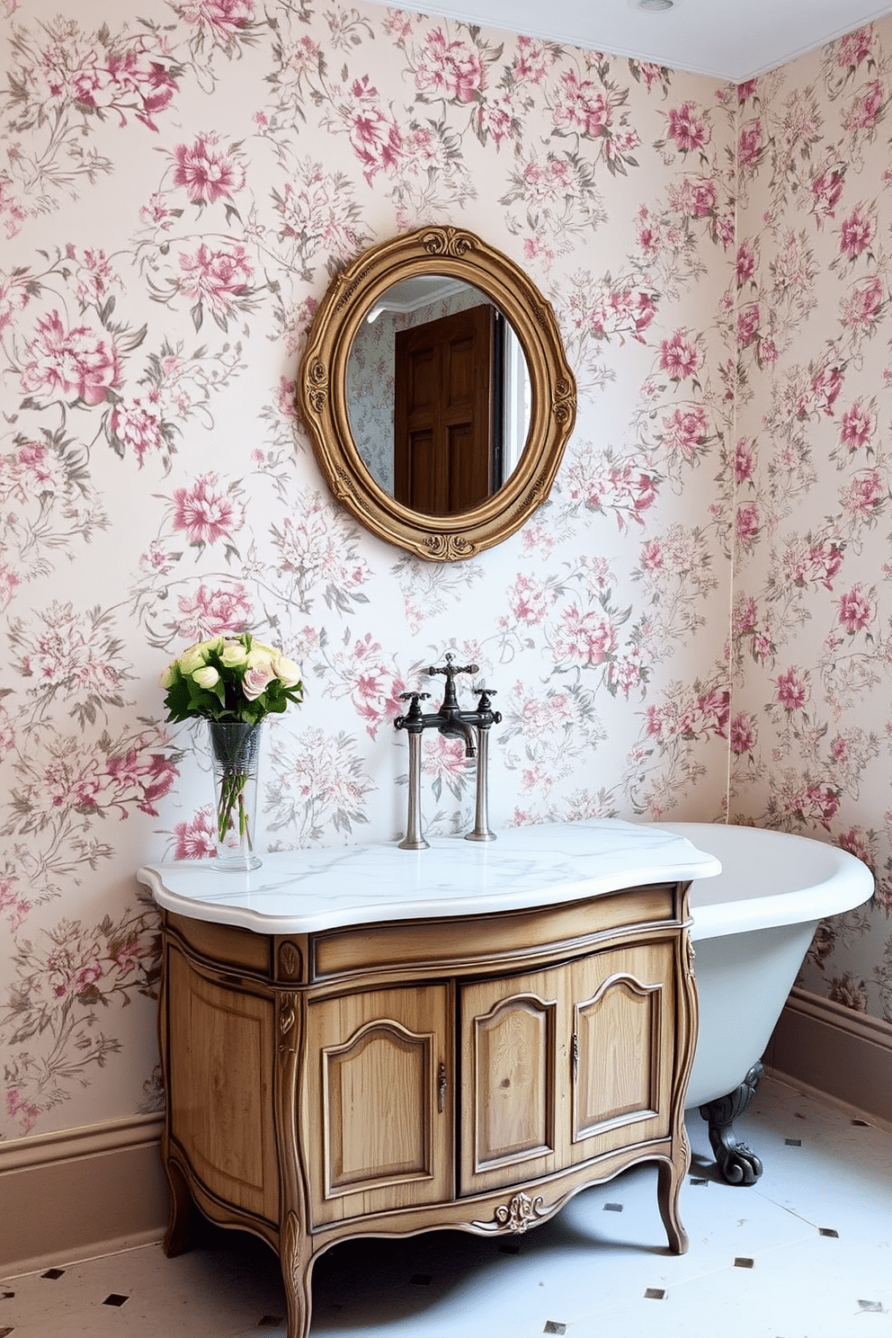 Floral wallpaper in muted tones covers the walls, creating a soft and inviting atmosphere. The vintage clawfoot tub sits elegantly against the wall, complemented by a classic freestanding faucet. A distressed wooden vanity with a white marble top provides a charming focal point. Above the vanity, a round mirror with an ornate frame reflects the beauty of the space.