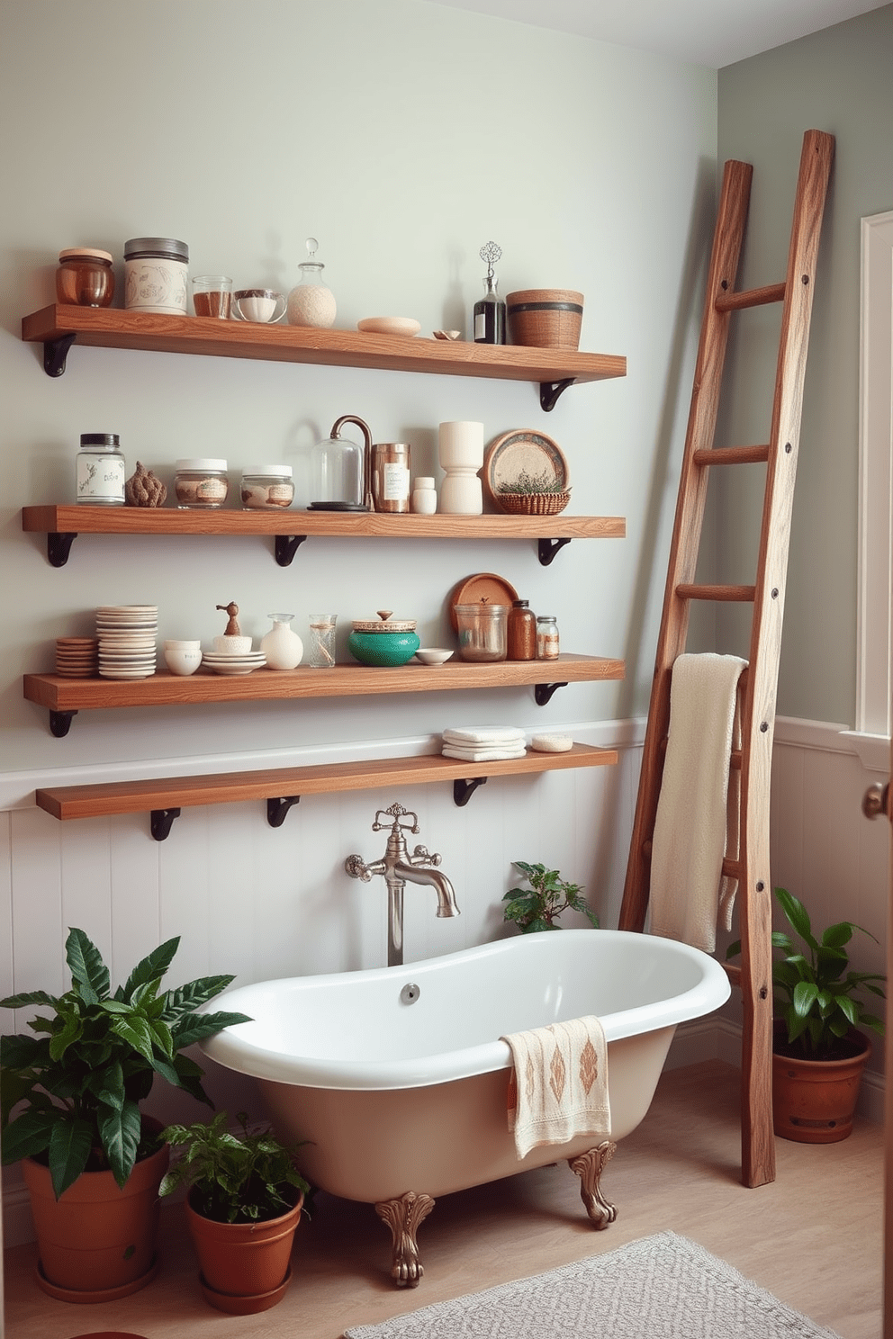 Rustic wood shelves are mounted on the wall, showcasing an array of vintage bathroom accessories and decorative items. The shelves are complemented by a weathered wooden ladder leaning against the wall, adding character and charm to the space. The bathroom features a clawfoot tub with an antique-style faucet, surrounded by potted plants for a touch of greenery. Soft, muted colors adorn the walls, creating a warm and inviting atmosphere that enhances the vintage aesthetic.