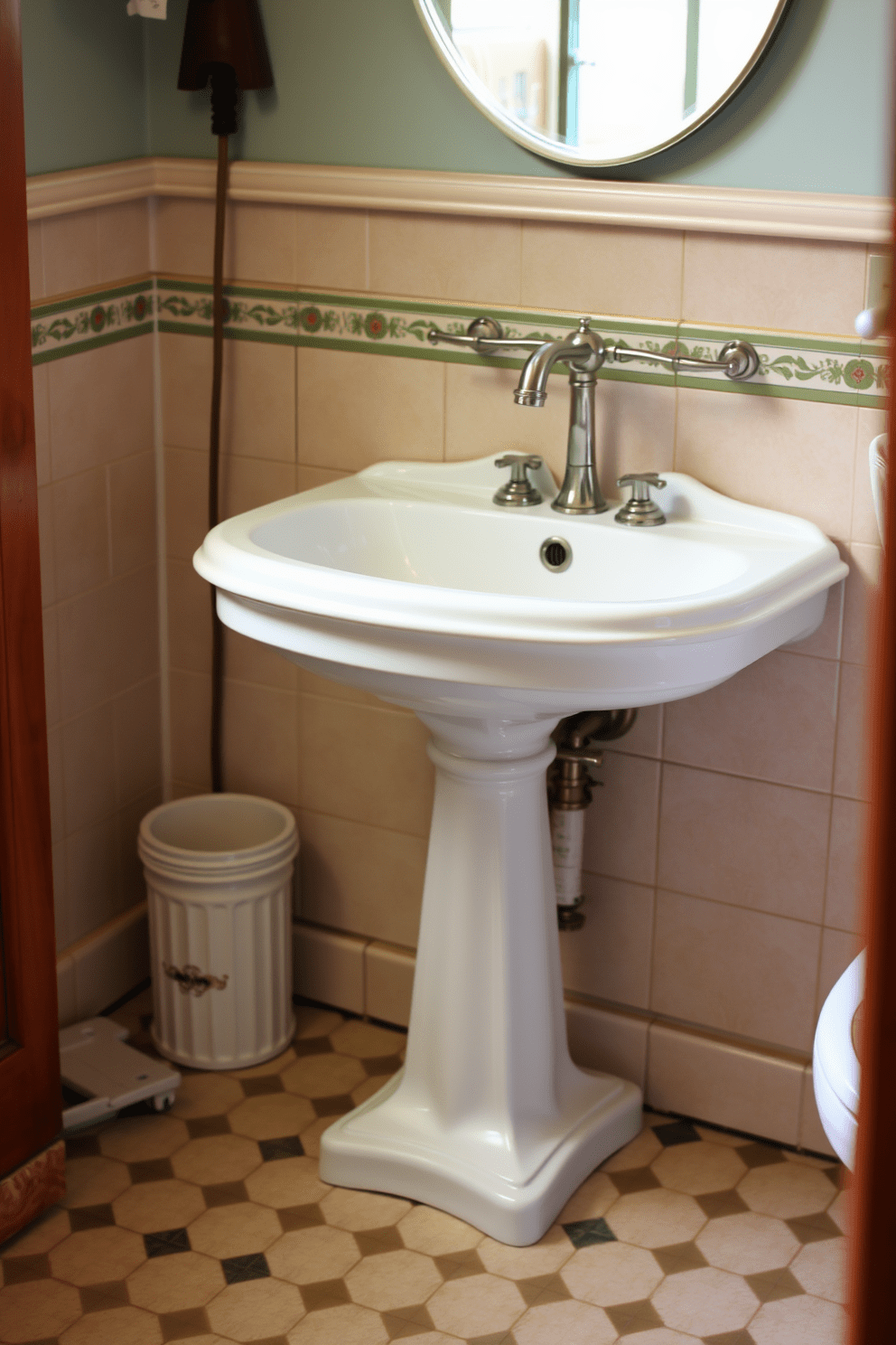 A vintage bathroom setting featuring a freestanding porcelain sink with a classic pedestal base. The space is adorned with intricate tile work and soft pastel colors, creating a warm and inviting atmosphere.