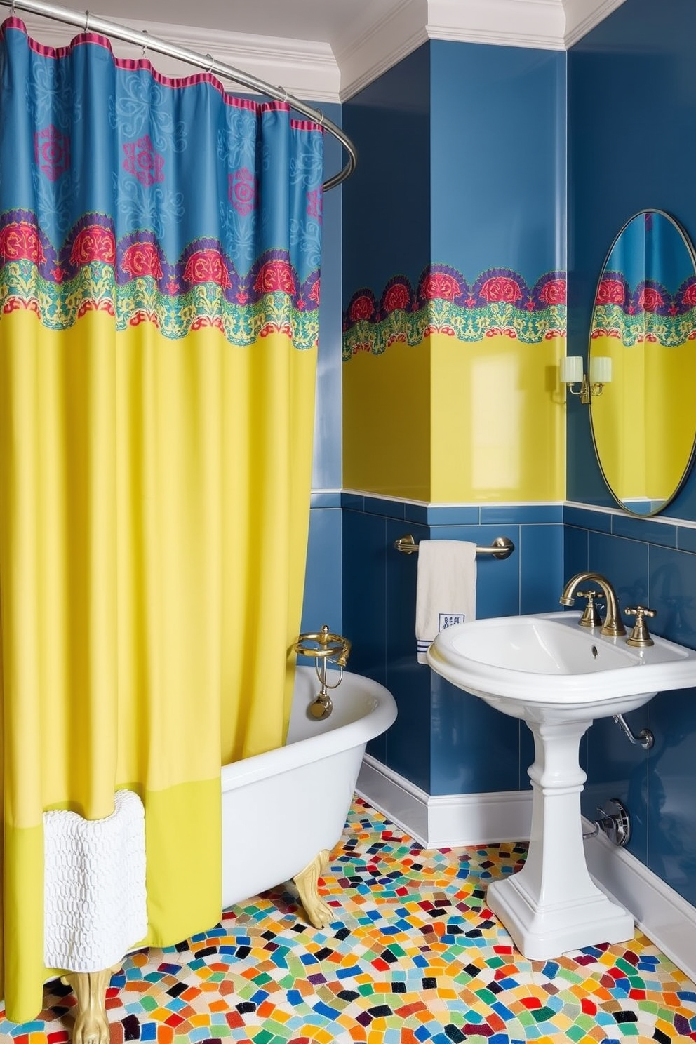 A vintage bathroom design featuring a retro patterned shower curtain in vibrant hues. The space includes a clawfoot bathtub with antique fixtures and a pedestal sink, complemented by colorful mosaic tiles on the floor.