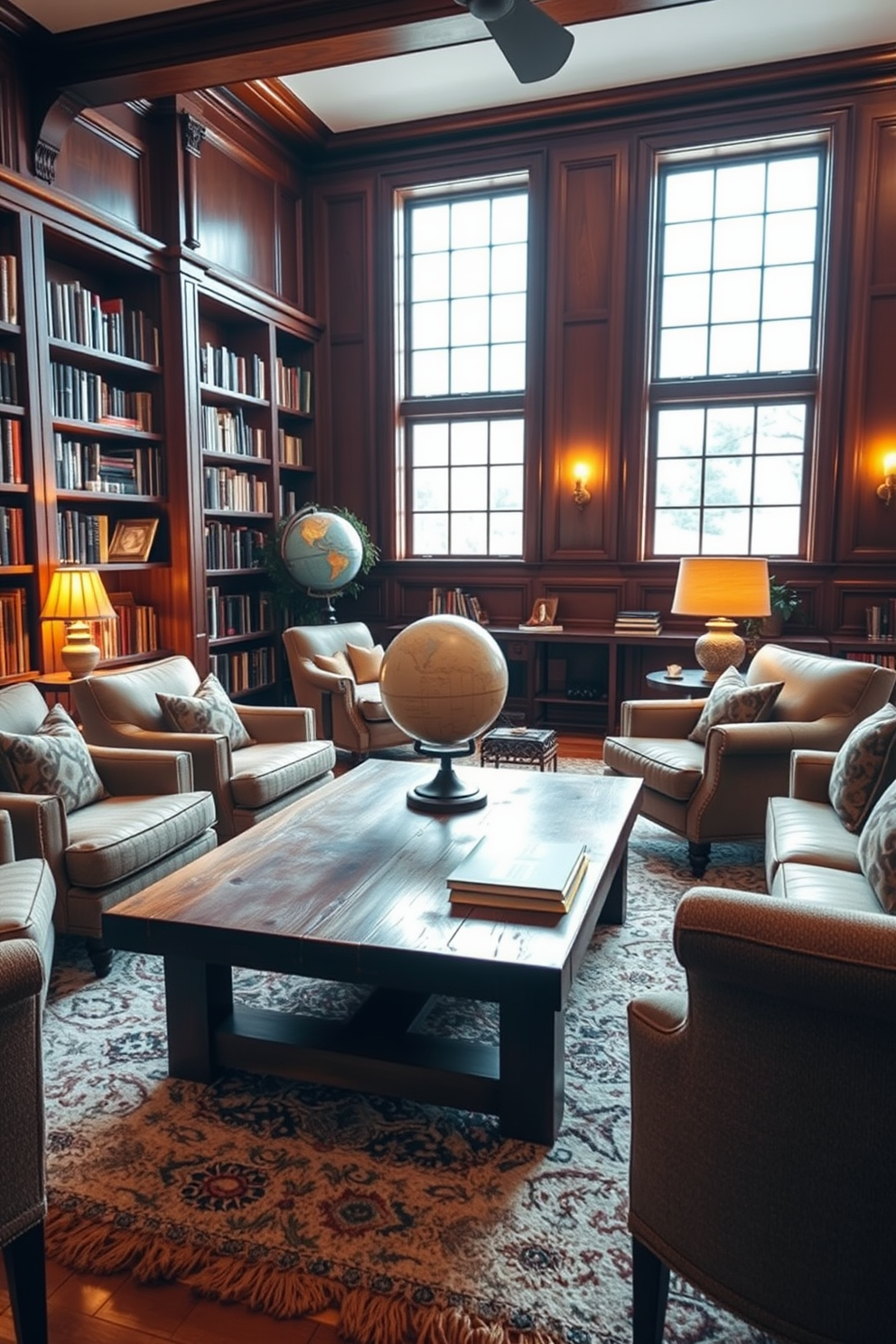 A rustic wooden coffee table sits at the center of a cozy home library, surrounded by plush armchairs and warm lighting. Shelves filled with books line the walls, and a vintage globe adds character to the space. The library features rich wooden paneling and a large window that lets in natural light. A soft area rug anchors the seating arrangement, inviting readers to relax with a good book.