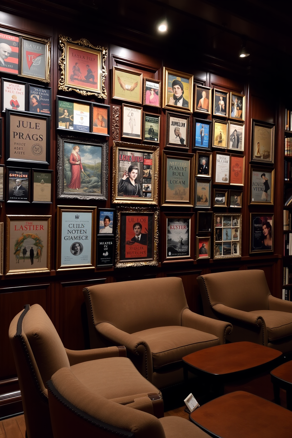 A gallery wall featuring an array of vintage book covers in various sizes and colors. The wall is adorned with ornate frames that complement the rich wood tones of the surrounding bookshelves. The library is filled with plush seating options, inviting readers to relax and enjoy the collection. Soft, ambient lighting highlights the unique artwork while creating a warm and cozy atmosphere.