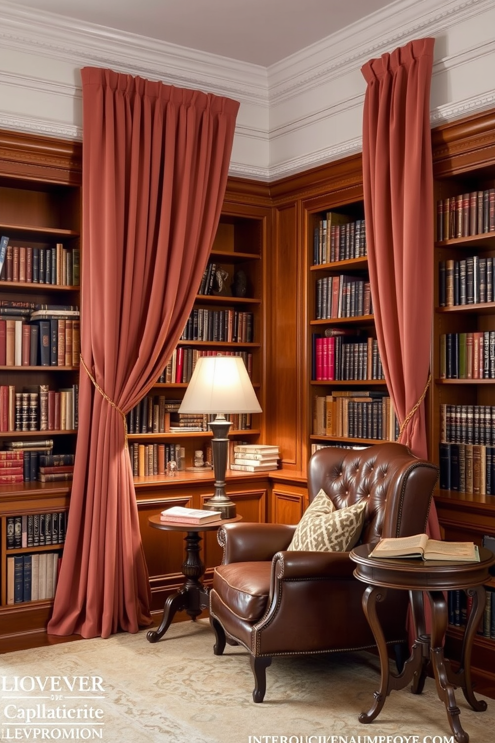 Soft velvet curtains drape elegantly from the ceiling to the floor, adding a touch of luxury to the space. The rich color of the curtains complements the warm wooden shelves filled with classic books and decorative items, creating an inviting atmosphere. The library features a plush reading nook with a vintage leather armchair, perfect for curling up with a good book. A beautifully crafted wooden table sits beside the chair, adorned with a stylish lamp and a small stack of novels.