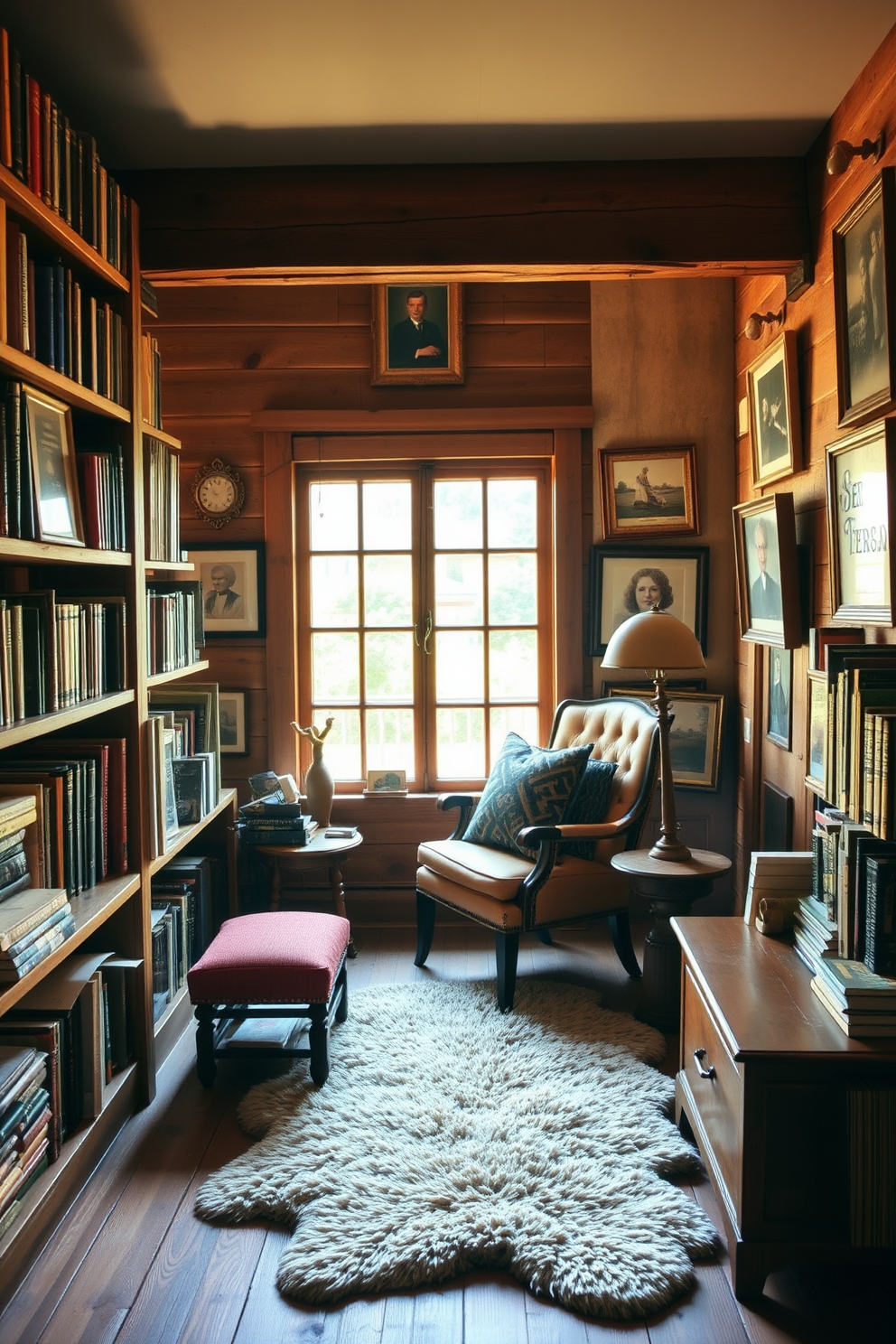 A cozy vintage home library with reclaimed wood accents that add warmth and character. The shelves are filled with an eclectic mix of books, and a comfortable reading chair is positioned near a large window, allowing natural light to flood the space. The walls are adorned with framed artwork and vintage photographs, enhancing the nostalgic atmosphere. A plush area rug lies on the floor, providing a soft contrast to the rich wooden tones of the furniture and shelves.