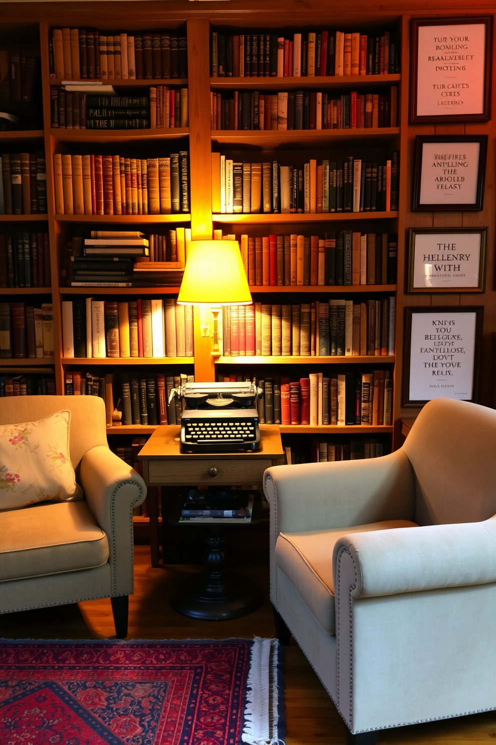 A vintage typewriter sits elegantly atop a reclaimed wood bookshelf filled with classic novels. The warm glow of a brass reading lamp illuminates the space, creating a cozy atmosphere in the vintage home library. Richly patterned rugs cover the hardwood floor, adding texture and warmth to the room. Plush armchairs in muted tones invite readers to settle in with a good book, while framed literary quotes adorn the walls.