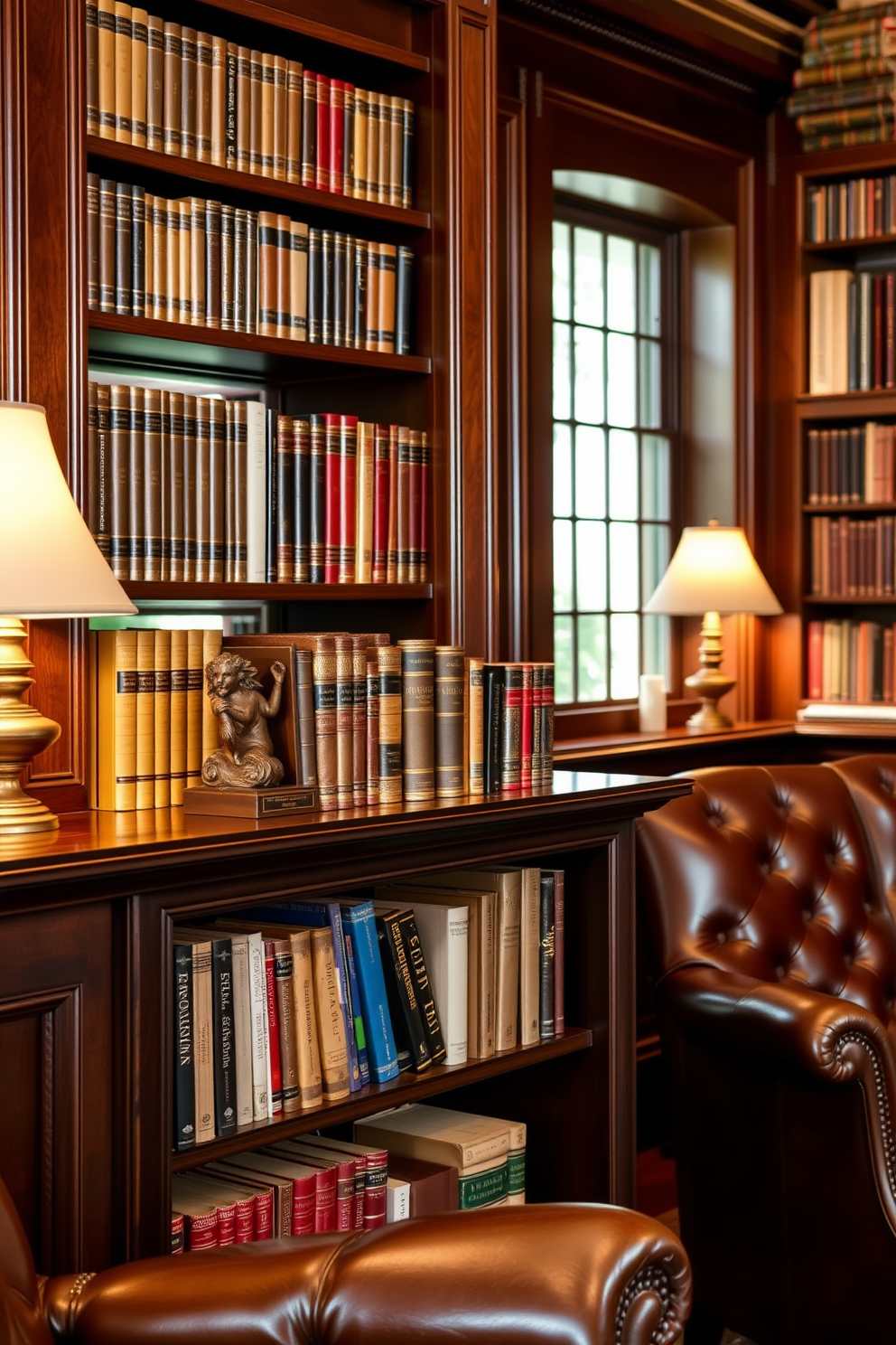 A curated collection of antique bookends sits elegantly on a dark wooden shelf filled with vintage books. The library features rich mahogany paneling, plush leather armchairs, and warm, ambient lighting that creates a cozy reading nook.