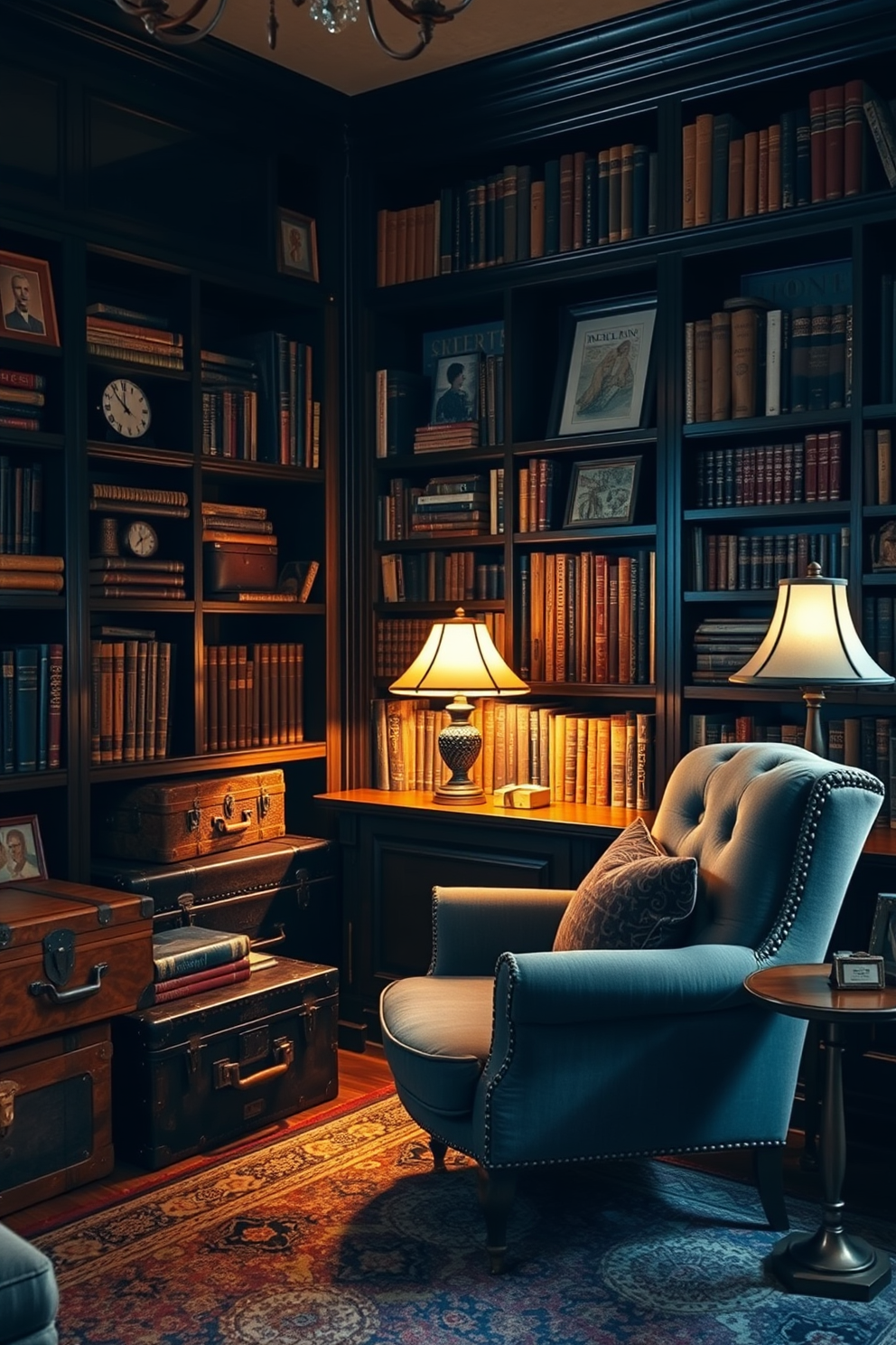 A cozy vintage home library filled with character. There are several vintage trunks used as hidden storage throughout the room, adding charm and functionality. The walls are lined with dark wooden bookshelves, showcasing an array of books and decorative items. A plush armchair sits in the corner, accompanied by a small side table and a warm reading lamp.