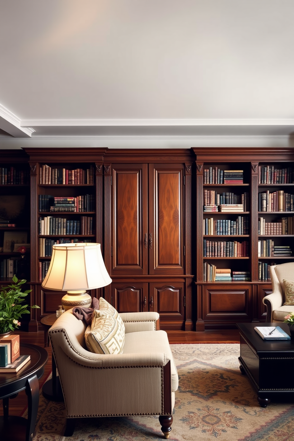 A vintage home library showcases classic armoires transformed into elegant bookshelves. The rich wood tones of the armoires contrast beautifully with the soft, warm lighting that fills the space.