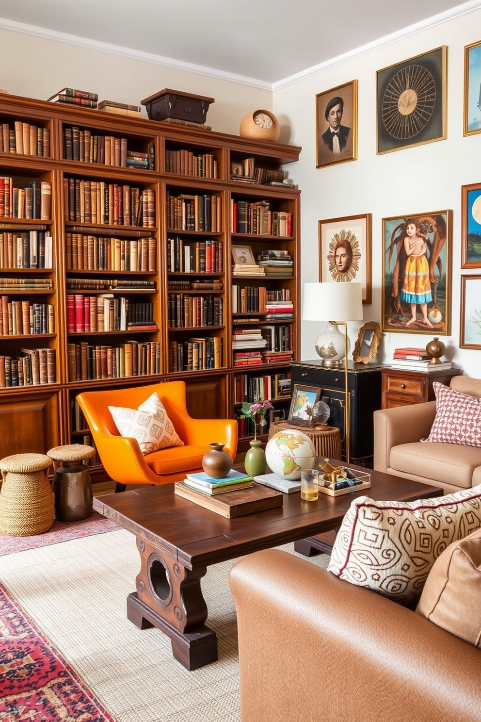 An eclectic home library featuring a blend of antique and modern furniture. There is a large wooden bookshelf filled with vintage books, paired with a sleek contemporary reading chair in a bold color. A rustic wooden table sits in the center, adorned with a mix of modern and vintage decor items. Warm lighting from a stylish floor lamp casts a cozy glow, highlighting the unique art pieces on the walls.