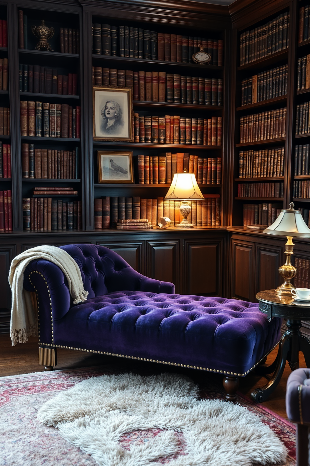 A stylish chaise lounge in a cozy corner of the room, upholstered in rich velvet fabric with elegant tufting. A soft throw blanket drapes over one arm, and a small side table holds a steaming cup of tea. The vintage home library features dark wooden bookshelves filled with an array of books, showcasing leather-bound volumes and antique decor. A plush area rug anchors the space, while a classic reading lamp illuminates a comfortable armchair positioned nearby.