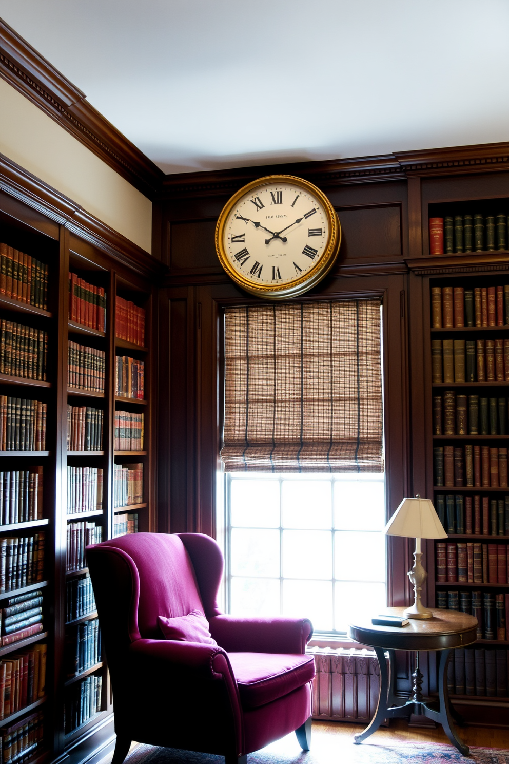 A vintage home library featuring a decorative antique clock as the focal point. The walls are lined with dark wooden bookshelves filled with leather-bound books, creating a warm and inviting atmosphere. A plush armchair upholstered in rich burgundy fabric is positioned near a large window, allowing natural light to illuminate the space. A small side table holds a classic reading lamp, enhancing the cozy reading nook.