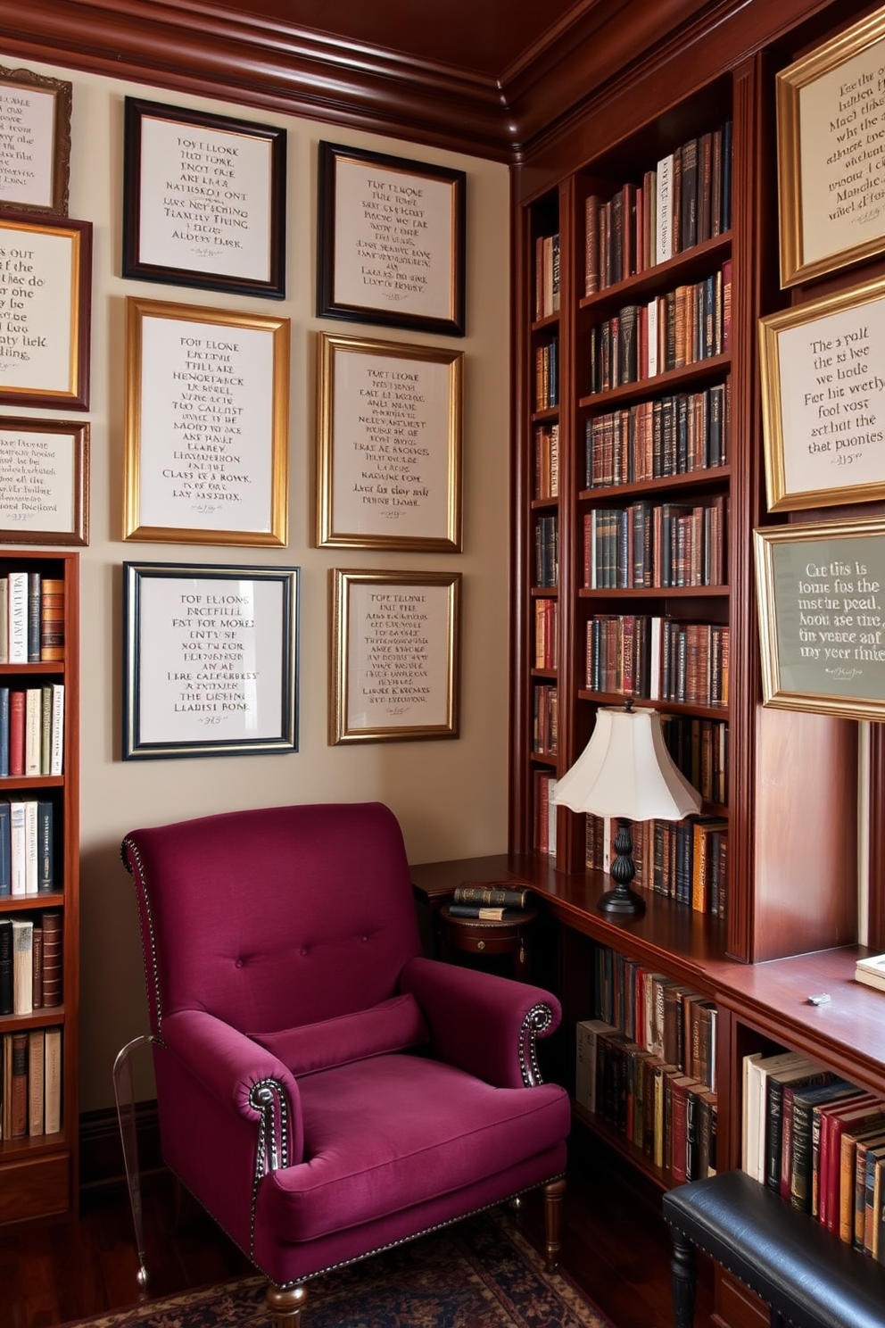 A cozy home library filled with vintage charm. The walls are adorned with framed literary quotes in elegant frames, creating an inspiring atmosphere. Rich mahogany bookshelves line the walls, overflowing with classic literature. A plush armchair in a deep burgundy fabric sits invitingly in the corner, accompanied by a small side table.