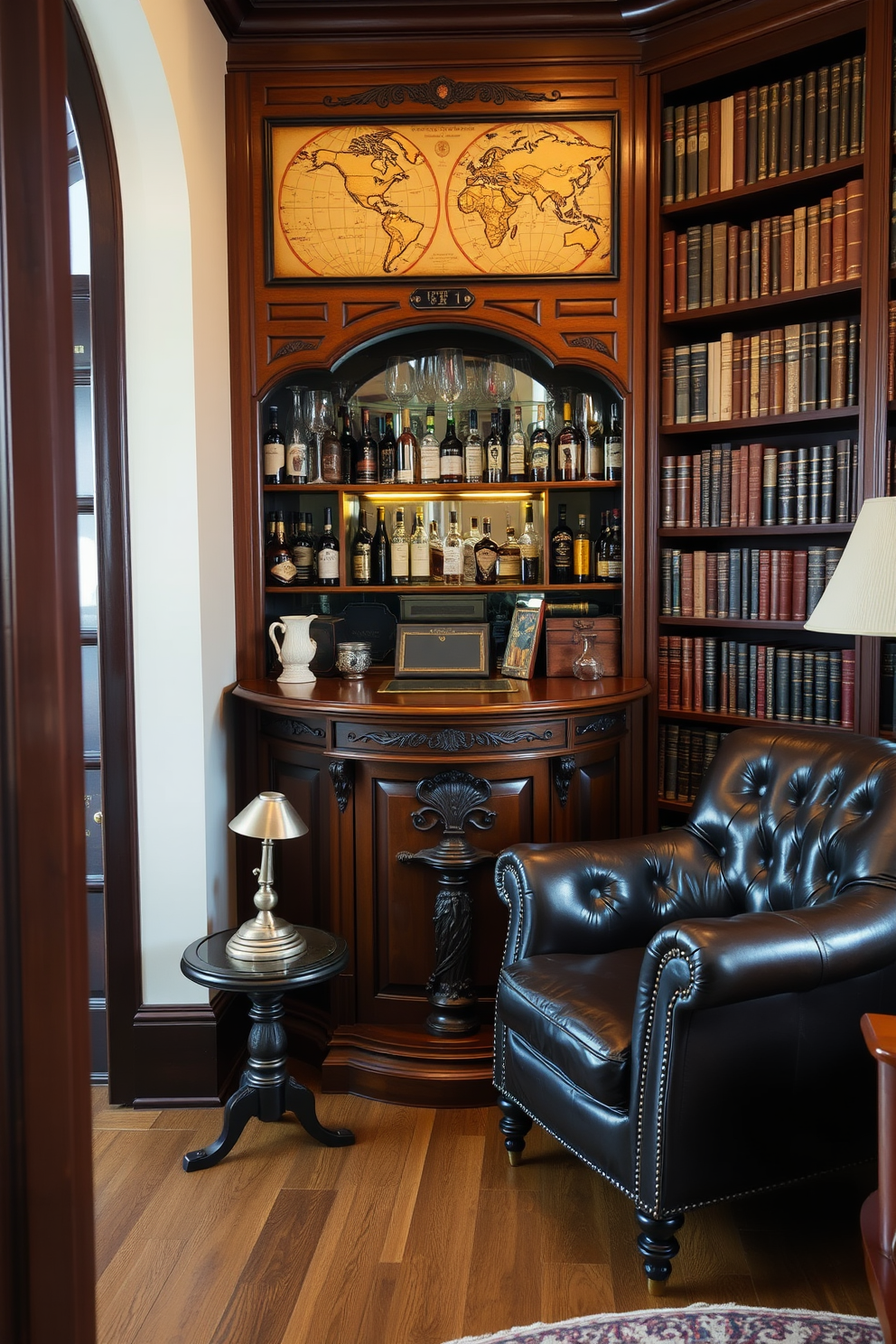 A charming old-fashioned globe bar stands in the corner of a cozy room, its rich wooden exterior showcasing intricate carvings and a vintage world map. Inside, shelves are stocked with an array of fine spirits and elegant glassware, creating an inviting atmosphere for entertaining guests. The vintage home library features floor-to-ceiling bookshelves filled with classic literature, their dark wood finish adding warmth to the space. A plush leather armchair is nestled in the corner, accompanied by a small side table holding a reading lamp, inviting you to enjoy a quiet afternoon with a good book.