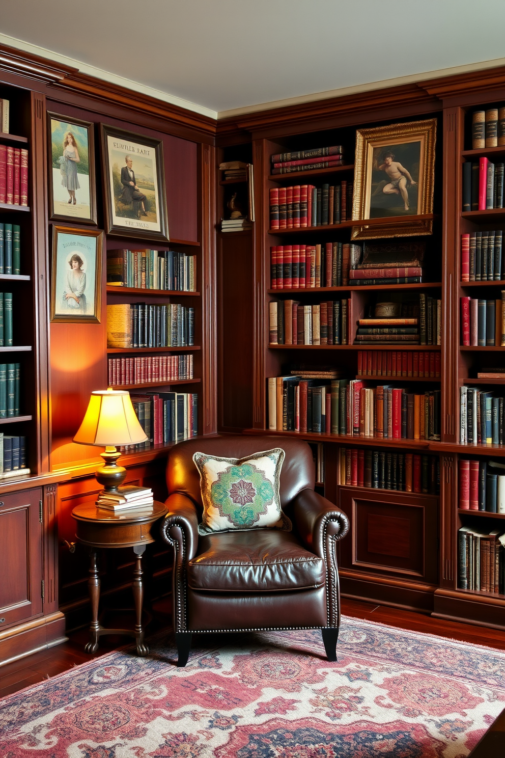 A cozy vintage home library featuring rich wooden bookshelves filled with classic literature and decorative vintage art prints adorning the walls. A comfortable leather armchair sits in the corner, accompanied by a small wooden side table holding a warm reading lamp. The library's color palette consists of deep burgundy and forest green, creating an inviting atmosphere. A plush area rug with intricate patterns lies underfoot, adding warmth and texture to the space.