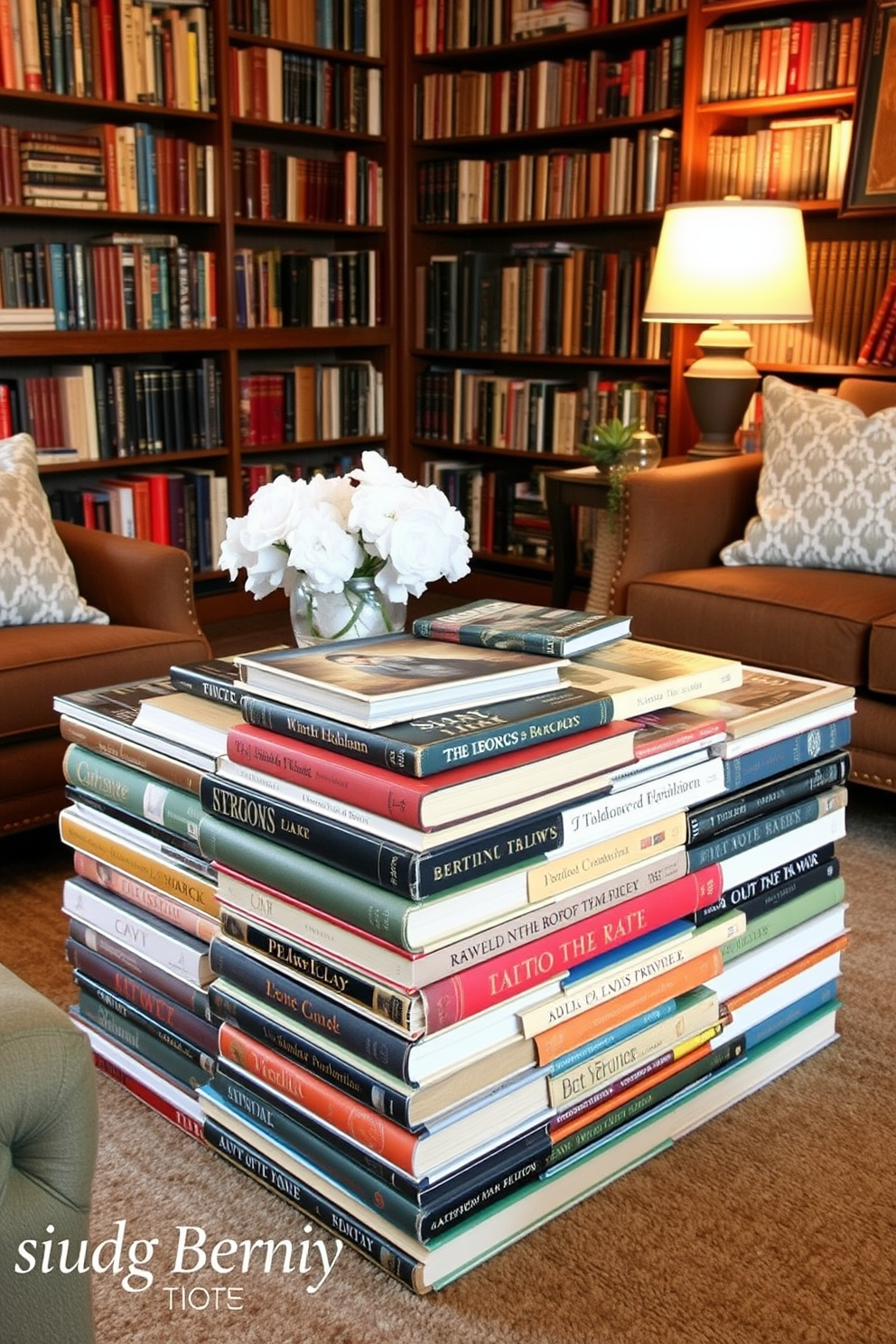 A unique coffee table is creatively designed using a stack of vintage books, showcasing their colorful spines and intriguing titles. The table is set in a cozy home library, surrounded by plush seating and warm lighting, creating an inviting reading nook.