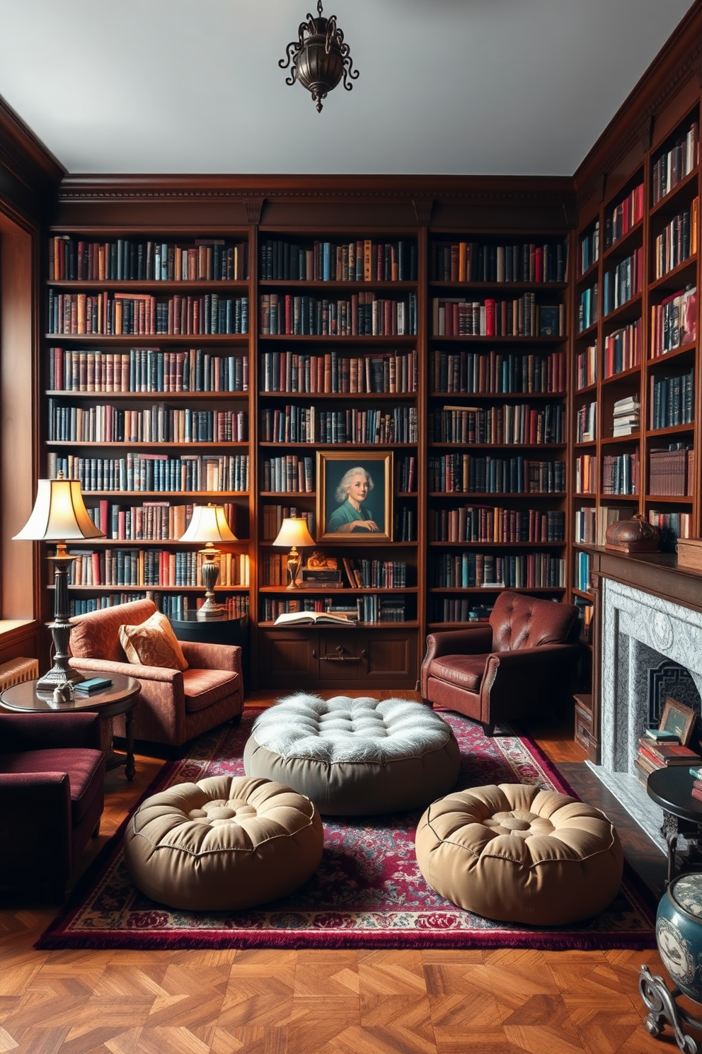 A cozy home library filled with vintage charm. The room features floor-to-ceiling wooden bookshelves lined with an eclectic collection of books. In the center, a plush area rug anchors a seating area with comfortable poufs in rich, warm fabrics. Soft lighting from antique-style lamps creates an inviting atmosphere perfect for reading or relaxing.