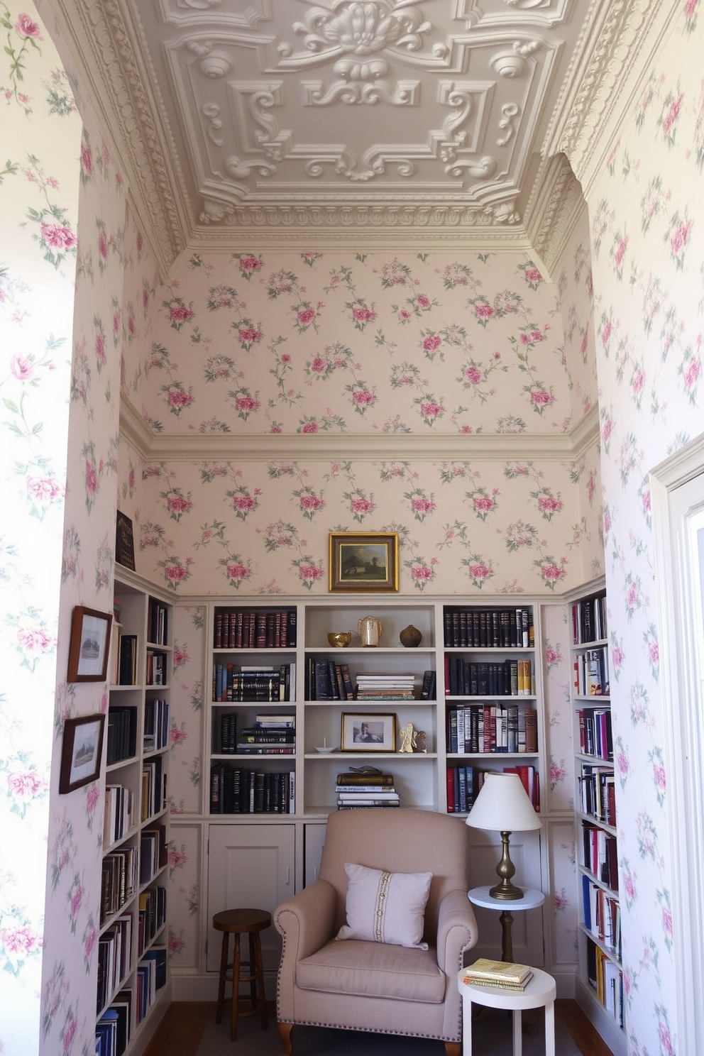 Charming floral wallpaper adorns the walls, featuring delicate patterns of roses and daisies in soft pastel colors. The ceiling is high, with ornate crown molding that complements the vintage aesthetic of the room. A cozy reading nook is nestled in one corner, furnished with a plush armchair and a small side table. Bookshelves line the walls, filled with an eclectic collection of classic literature and decorative objects that enhance the vintage charm.