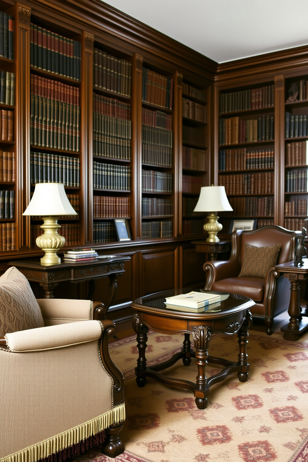 Classic side tables with ornate details create a timeless elegance in a vintage home library. Rich wood finishes and intricate carvings complement the warm, inviting atmosphere of the space. The library features tall, dark bookshelves filled with leather-bound volumes that reach the ceiling. A plush, patterned rug anchors the seating area, where comfortable armchairs invite quiet reading moments.