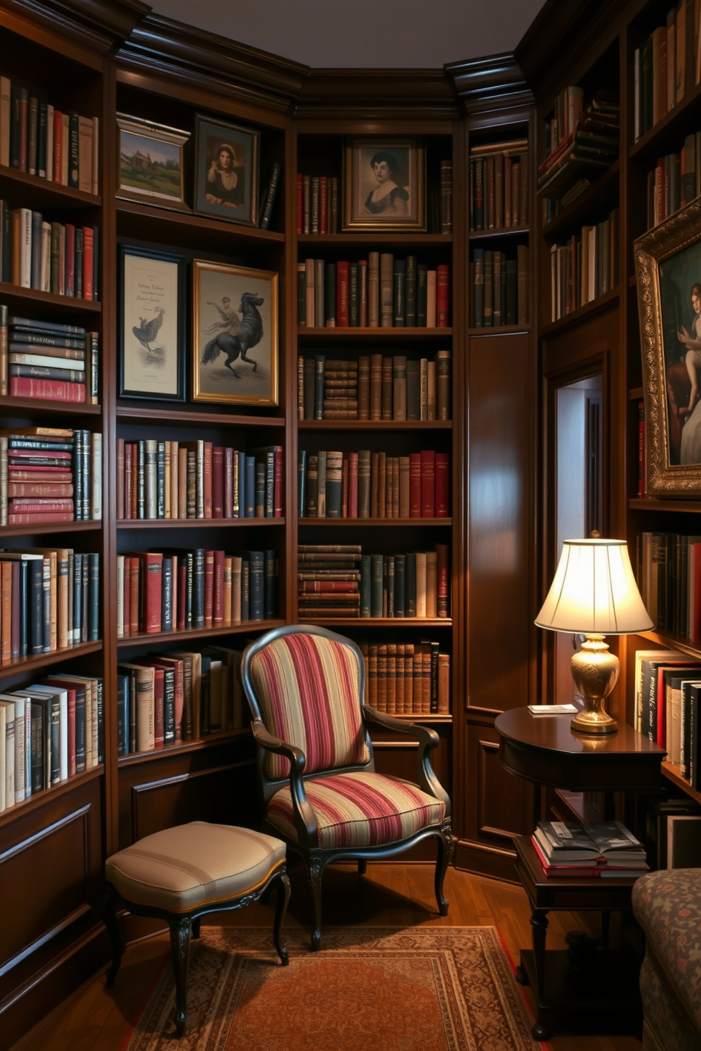 A vintage home library design featuring rich wooden bookshelves filled with classic literature. The space is adorned with vintage-inspired artwork on the walls, creating a cultured and inviting atmosphere. A cozy reading nook is nestled in the corner, complete with an antique armchair and a small side table. Soft, warm lighting illuminates the space, enhancing the charm of the vintage decor.