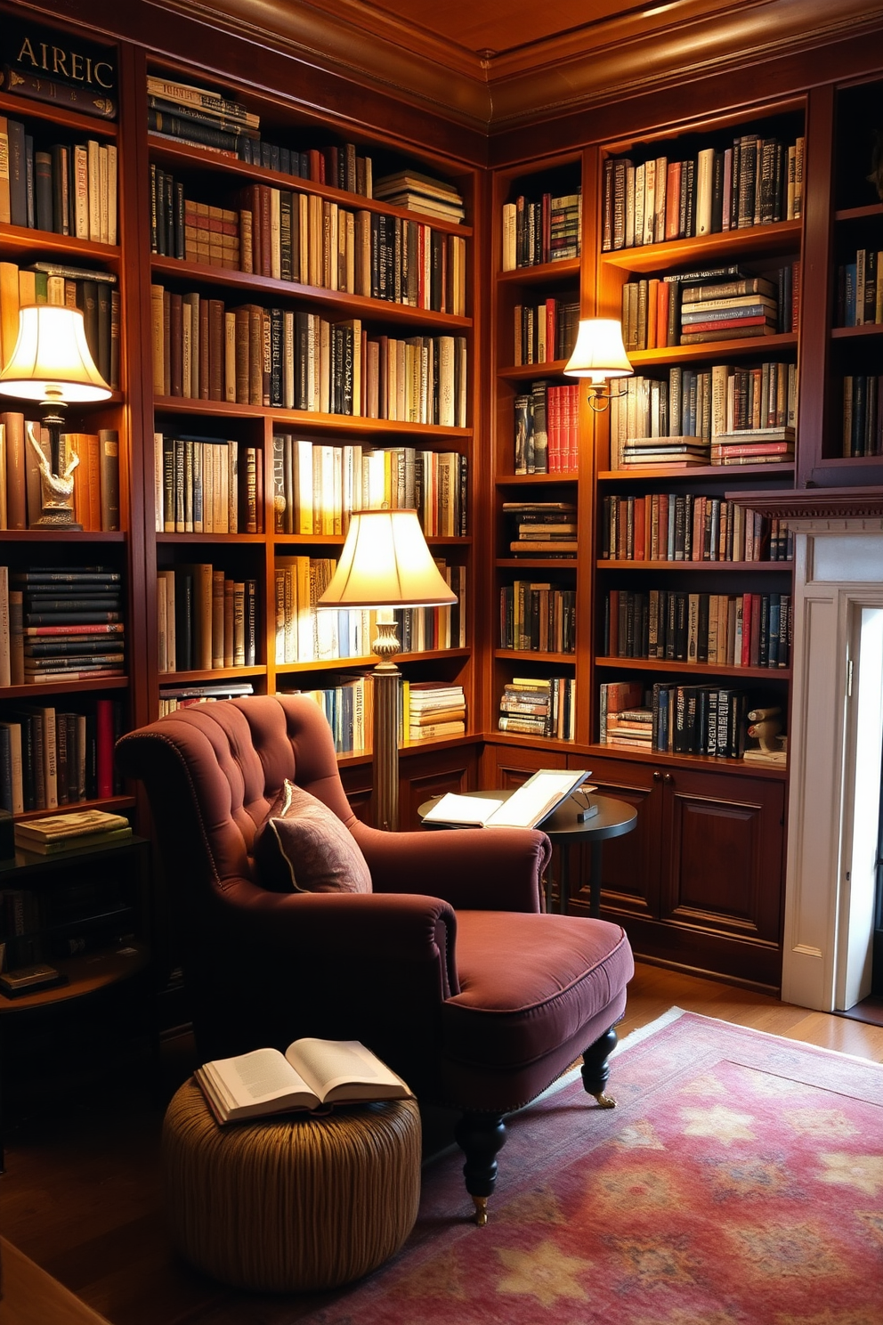 A cozy home library bathed in warm lighting from vintage table lamps. Rich wooden bookshelves line the walls, filled with an eclectic collection of books and decorative items. A plush, deep-colored armchair is positioned near a small side table, inviting you to curl up with a good book. Soft area rugs in warm tones add comfort underfoot, creating an inviting reading nook.