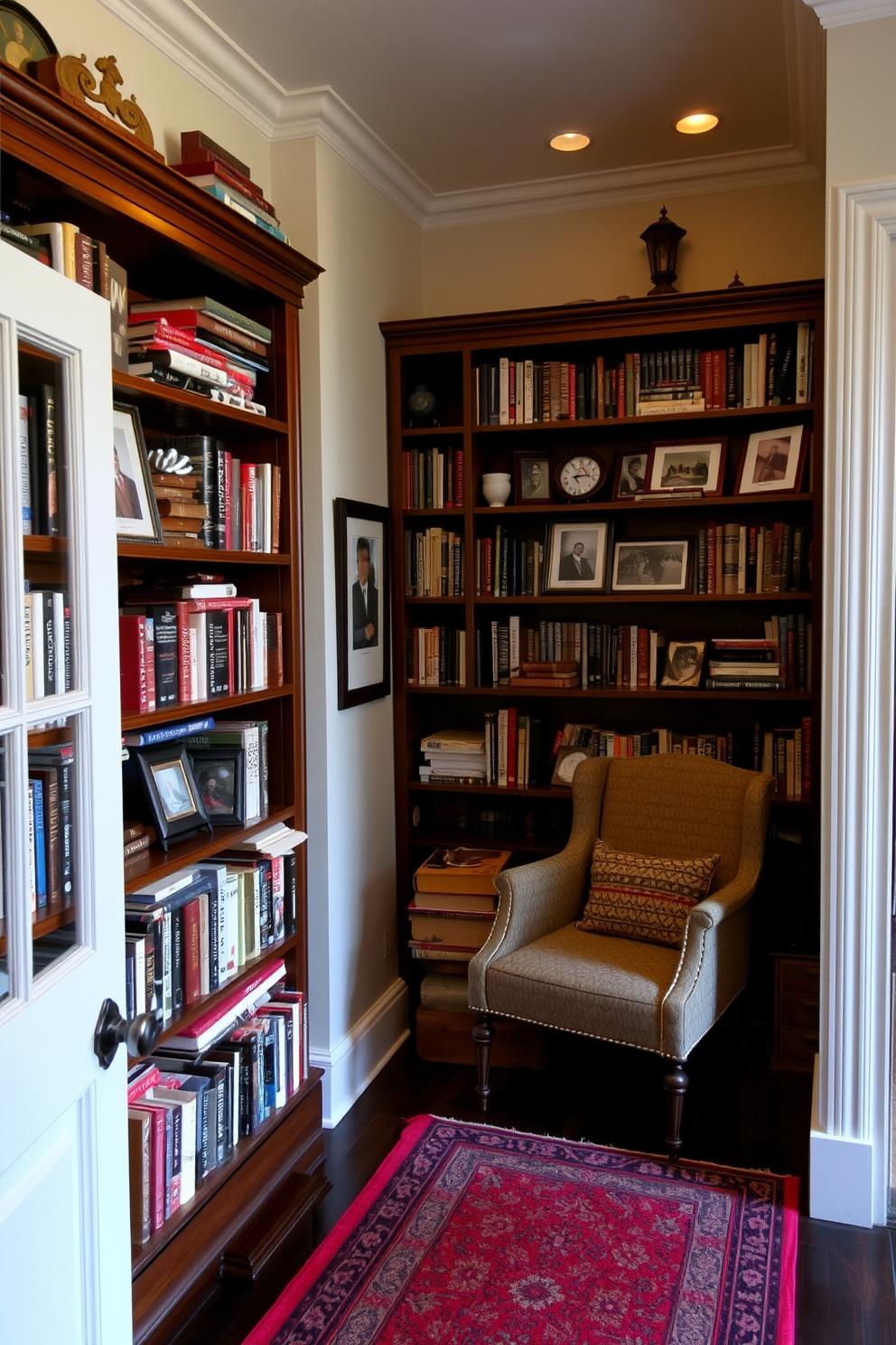 A cozy vintage home library featuring personalized book displays on wooden shelves. The shelves are filled with an eclectic mix of books, framed photographs, and decorative objects that reflect the owner's personality. Soft lighting creates a warm atmosphere, with a comfortable reading chair placed in the corner. Rich, dark wood accents and a patterned area rug add to the inviting ambiance of the space.