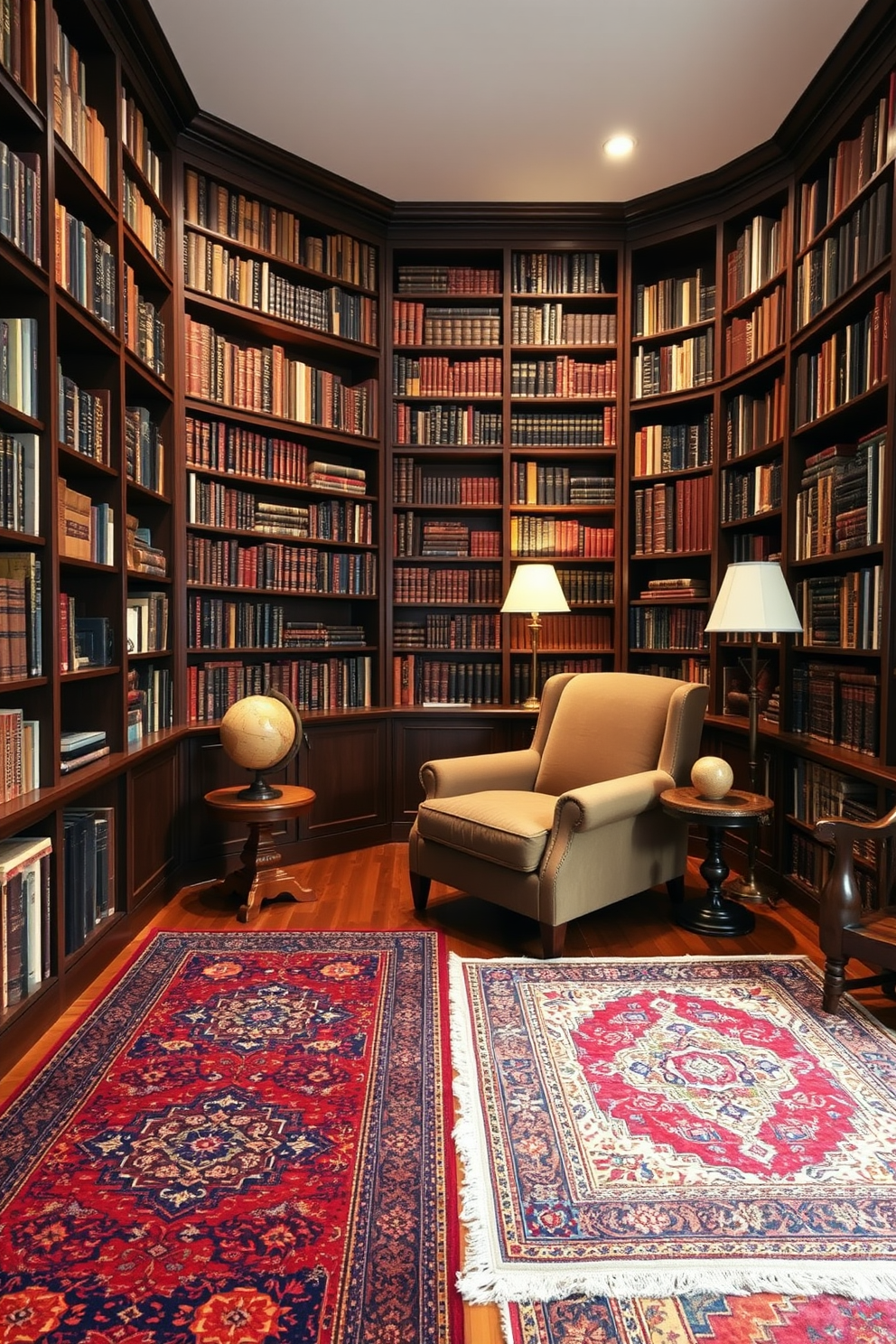 A cozy home library filled with character. The room features floor-to-ceiling bookshelves made of dark wood, showcasing an array of books and decorative items. A plush armchair upholstered in a rich fabric sits in the corner, accompanied by a small side table. A vintage globe and a reading lamp with a warm glow complete the inviting atmosphere. Richly patterned rugs in deep hues cover the hardwood floor, adding warmth and texture. The rugs feature intricate designs that complement the vintage aesthetic of the library.