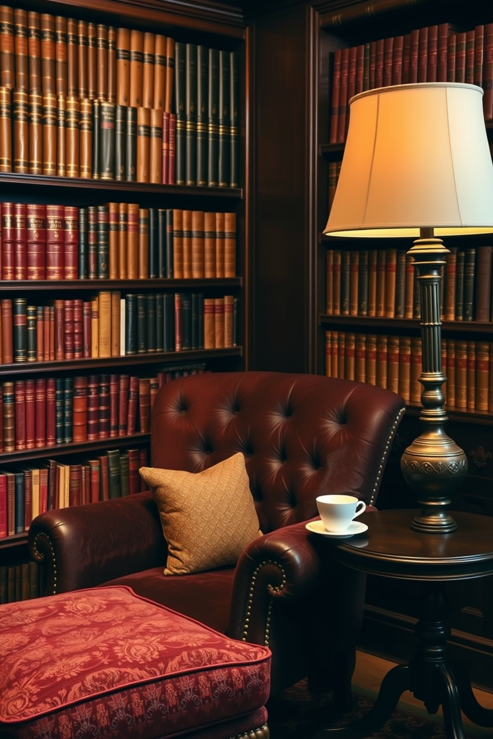 A cozy vintage home library features classic leather-bound books elegantly arranged on dark wooden shelves. A plush armchair in rich upholstery sits invitingly in the corner, complemented by a small side table holding a steaming cup of tea.