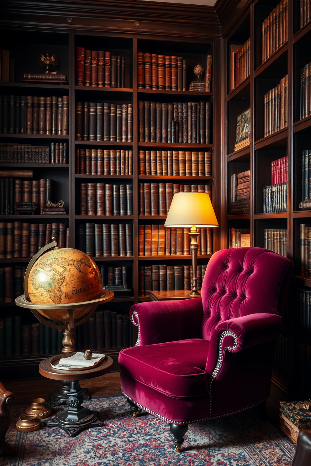 A cozy vintage home library featuring an old-world globe as a decorative piece. The library is lined with dark wooden bookshelves filled with leather-bound books and antique trinkets. A plush armchair in rich burgundy sits next to a small side table, inviting readers to settle in. Soft, warm lighting from a brass floor lamp creates a welcoming atmosphere, enhancing the charm of the vintage decor.