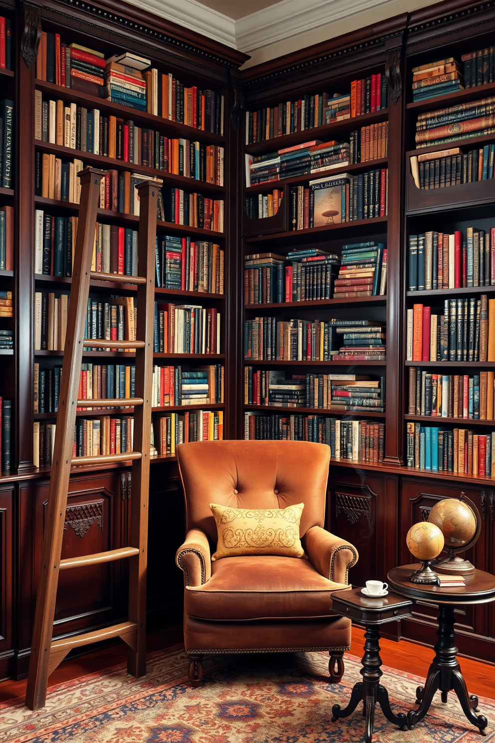 A vintage wooden ladder leans against a wall filled with towering bookshelves, showcasing an array of colorful books and decorative items. Soft, warm lighting illuminates the space, creating a cozy atmosphere perfect for reading. The home library features rich mahogany bookshelves with intricate carvings and a plush, oversized armchair in the corner. A vintage globe and a small side table with a steaming cup of tea add to the charm of this inviting reading nook.