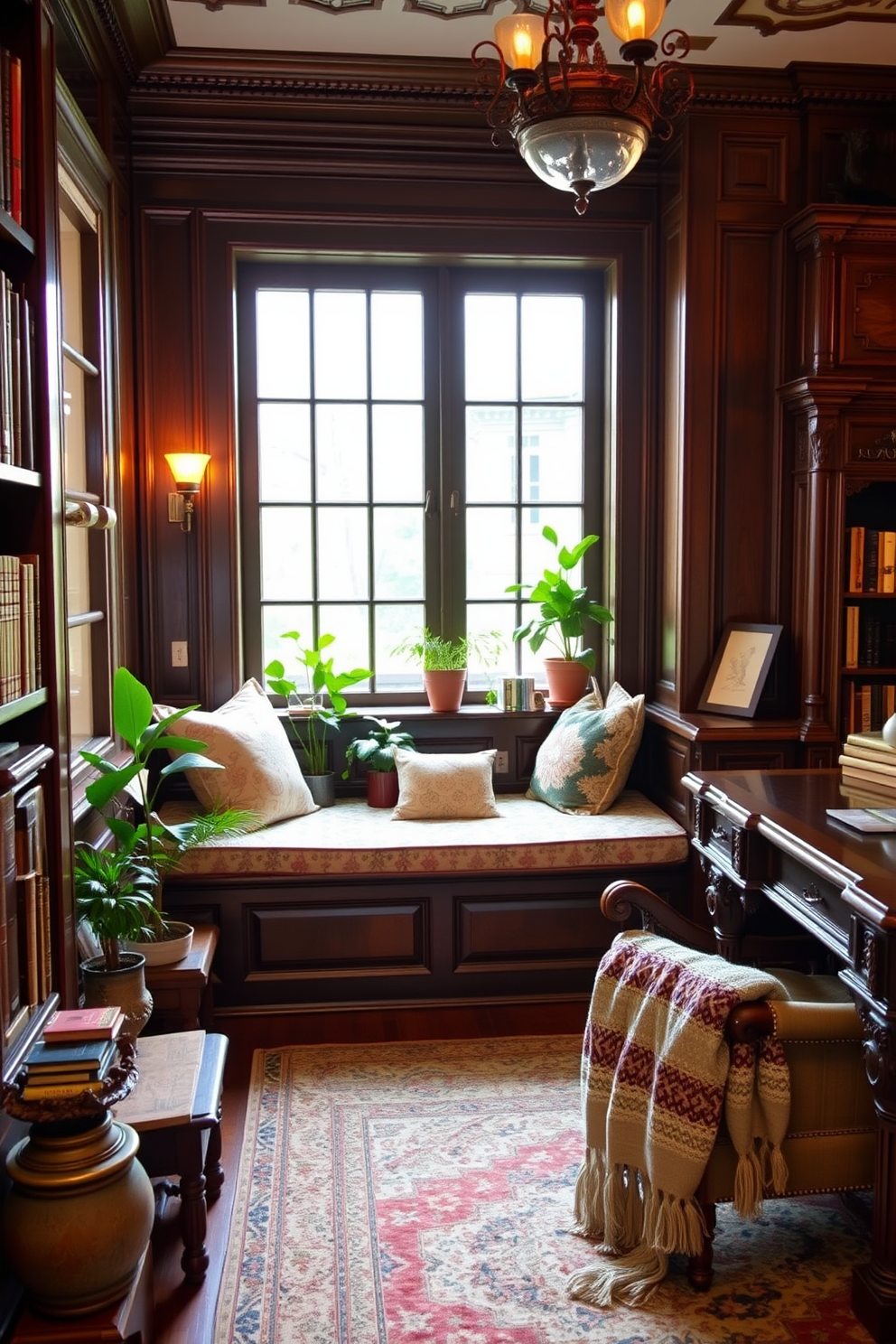 Charming window seat with cushions. The seat is adorned with plush, patterned cushions in soft pastel colors, surrounded by potted plants and bookshelves filled with vintage books. Vintage home library design ideas. The library features dark wood paneling, a large wooden desk with intricate carvings, and a cozy reading nook with an oversized armchair and a warm throw blanket.