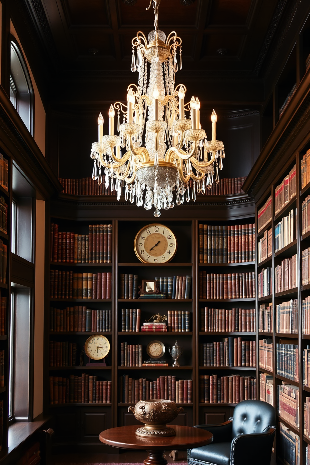 Elegant chandeliers for a dramatic touch. The library features a grand chandelier made of crystal, casting a warm glow over the room. Vintage home library design ideas. Dark wooden bookshelves line the walls, filled with leather-bound books and vintage decor pieces.