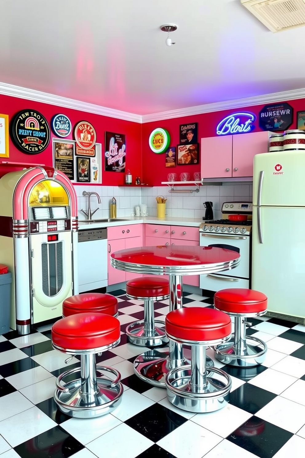 A retro diner style kitchen featuring classic checkerboard floors in black and white. The space includes a shiny red and chrome diner-style table with matching stools, and a vintage jukebox stands in the corner. The kitchen cabinets are painted in pastel colors, complemented by a retro fridge and a classic stove. Wall decor includes neon signs and vintage posters, adding to the nostalgic atmosphere.