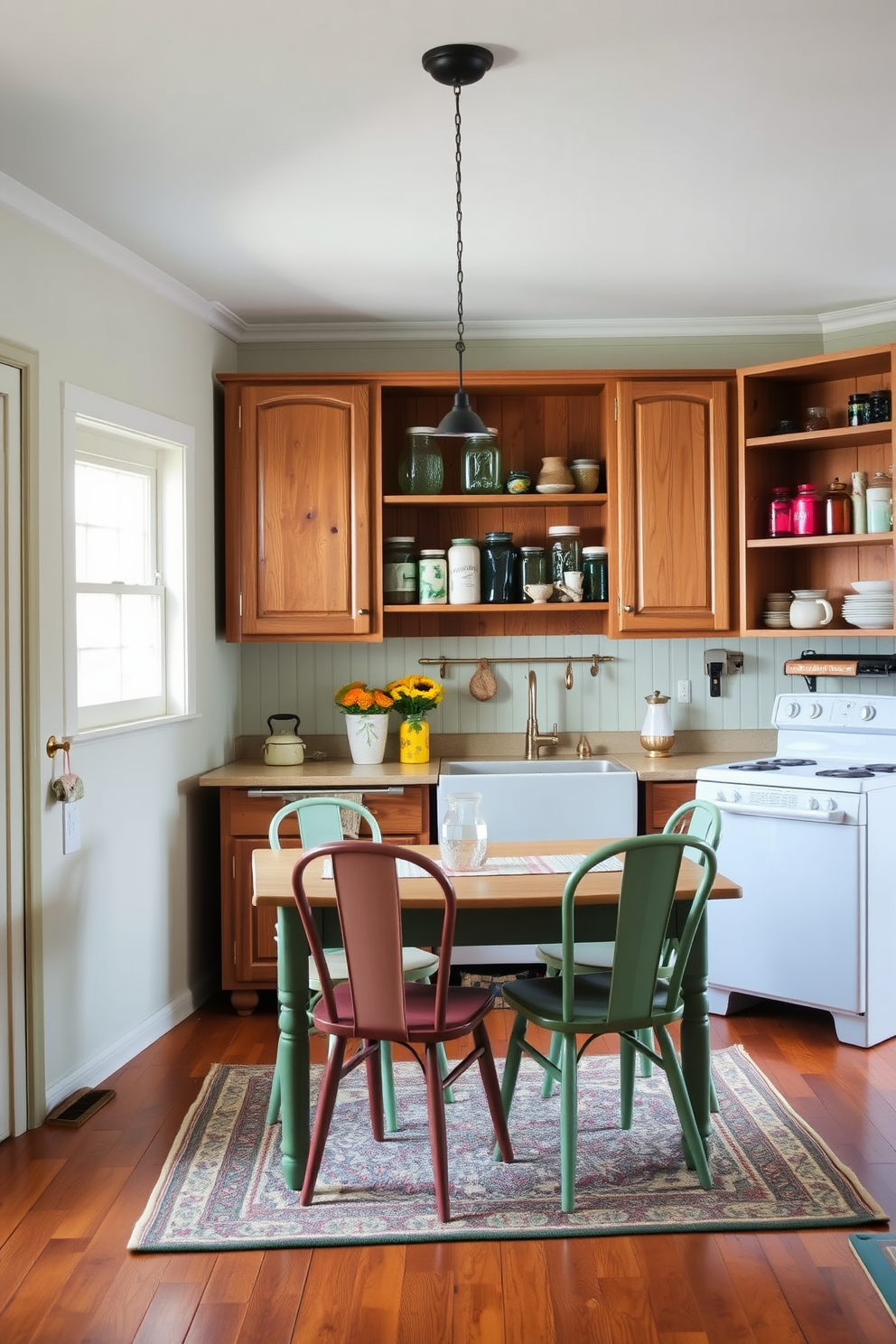 A charming vintage kitchen filled with character. The room features rustic wooden cabinets, open shelving showcasing colorful vintage glass jars for storage, and a farmhouse sink with a vintage faucet. The walls are painted in a soft pastel hue, complementing the warm wood tones. A patterned area rug lies beneath a cozy dining table set with mismatched chairs, creating an inviting atmosphere.