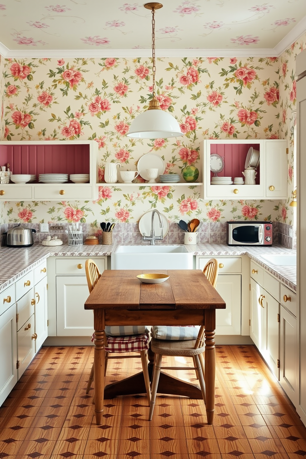 A vintage kitchen design featuring floral wallpaper that adds a nostalgic touch. The cabinetry is painted in soft pastel colors, complemented by brass hardware and a farmhouse sink. The countertops are adorned with a classic checkered pattern, while open shelving displays charming dishware. A rustic wooden dining table sits in the center, surrounded by mismatched chairs for an eclectic feel.