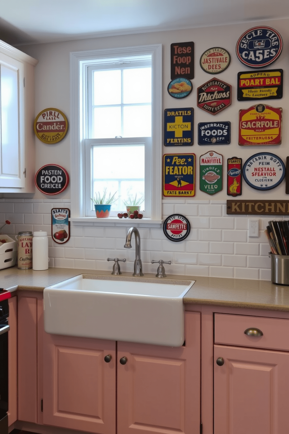 A vintage kitchen setting featuring old-fashioned metal signs as decor. The walls are adorned with colorful retro signs advertising various food products, creating a nostalgic atmosphere. The cabinetry is painted in a soft pastel color, complemented by classic white subway tile backsplash. A farmhouse sink sits beneath a window, with vintage-style fixtures adding to the charm of the space.