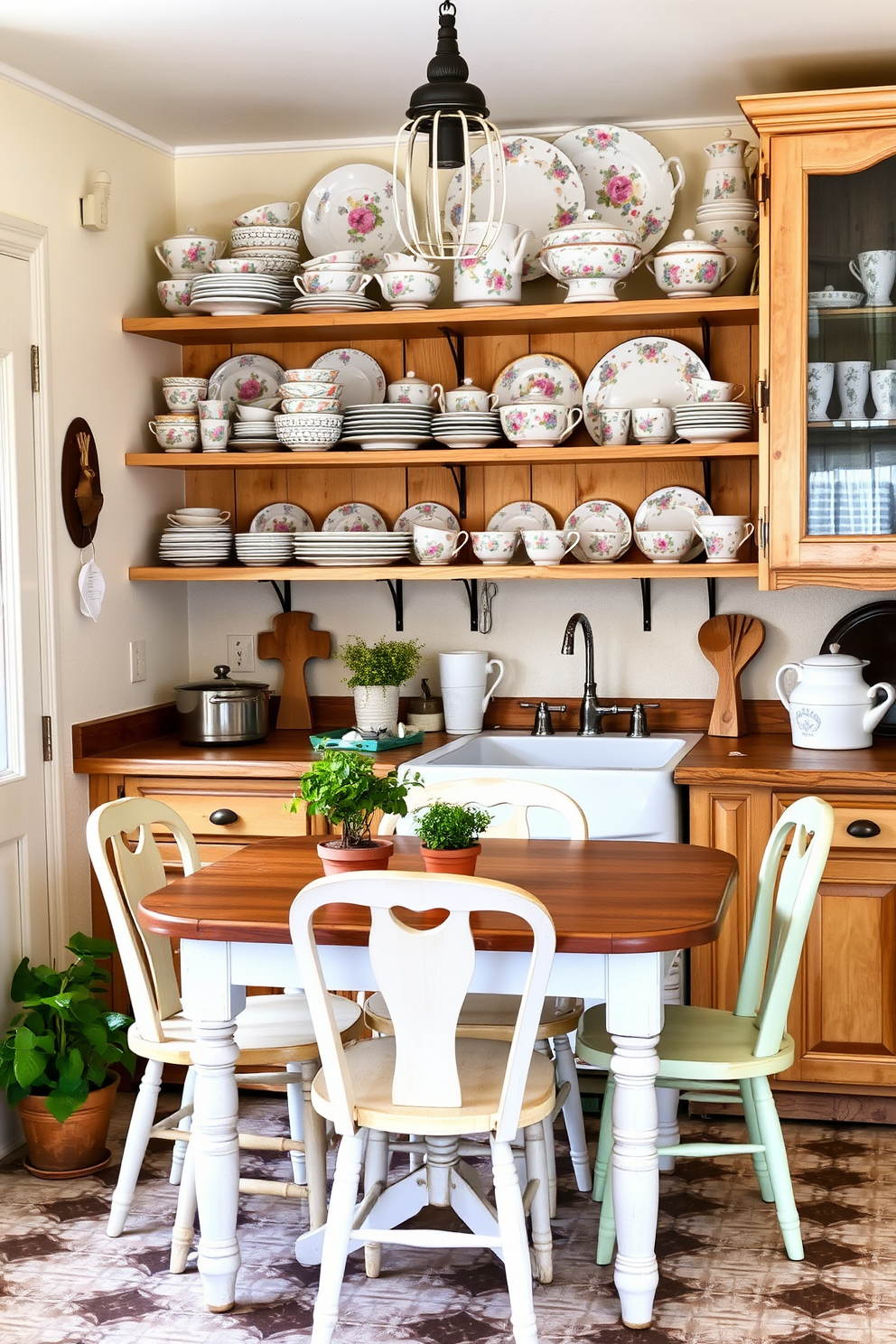 A charming vintage kitchen setting featuring ceramic dishware adorned with intricate floral patterns and pastel colors. The dishware is artfully arranged on open wooden shelves, complemented by rustic cabinetry and a farmhouse sink. The walls are painted in a soft cream hue, creating a warm and inviting atmosphere. A wooden dining table with mismatched chairs sits in the center, surrounded by potted herbs and vintage kitchen accessories.