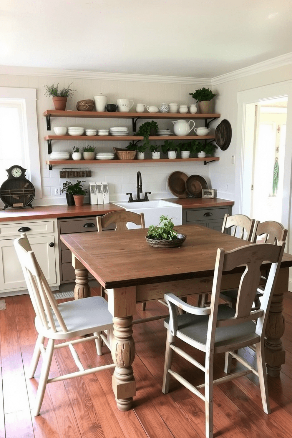 A charming farmhouse kitchen features a large wooden table with a distressed finish, surrounded by mismatched chairs that add character. The space is filled with natural light, showcasing open shelving lined with rustic dishware and potted herbs. The walls are painted in a soft cream color, complemented by a classic farmhouse sink beneath a window. Vintage accents like an antique clock and a woven basket enhance the cozy, inviting atmosphere.