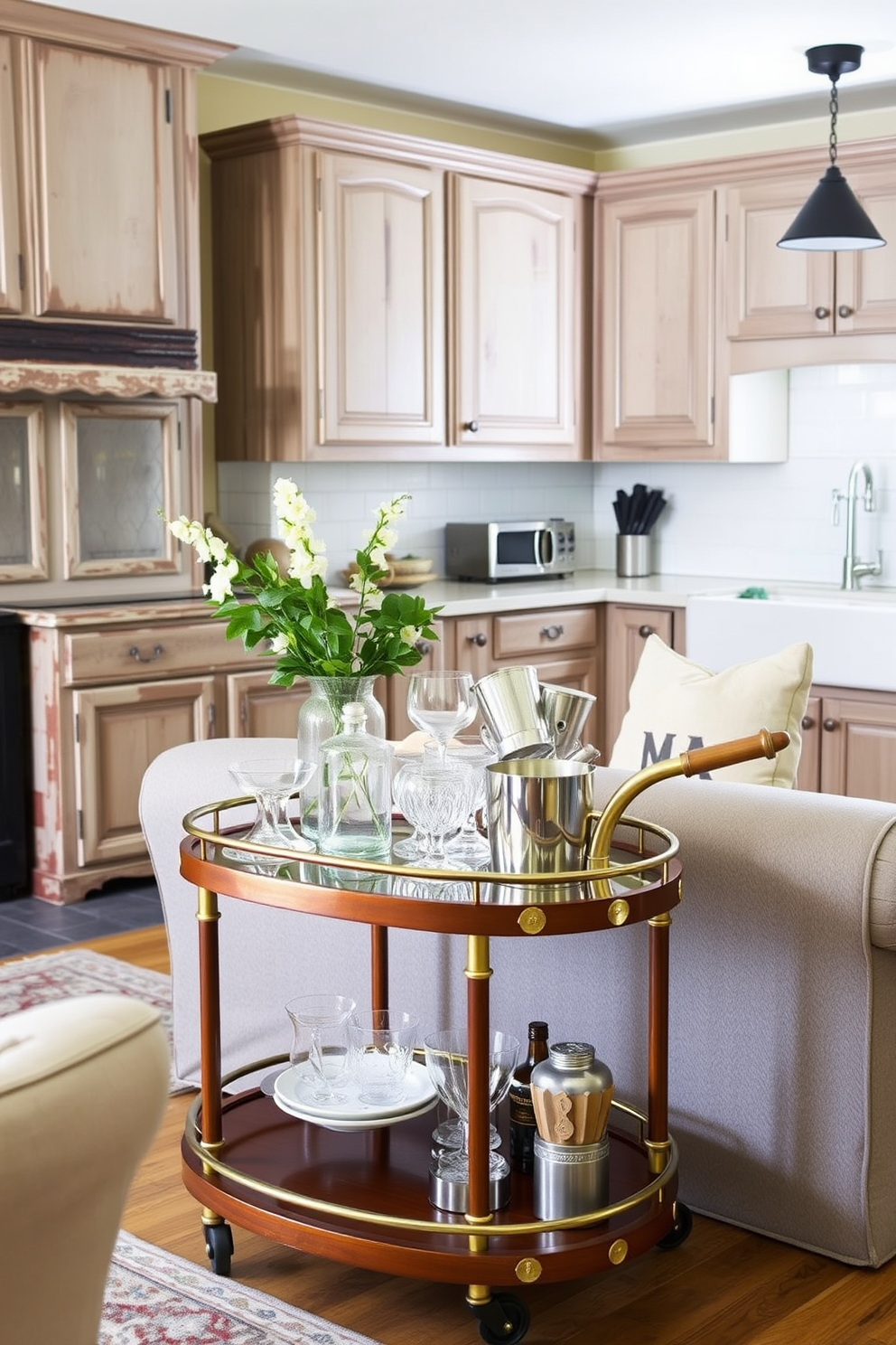 A vintage bar cart elegantly displayed in a cozy living room. The cart features a polished wood finish with brass accents, adorned with an assortment of glassware and a small ice bucket. A vintage kitchen design that combines rustic charm with modern functionality. The space includes distressed wooden cabinets, a farmhouse sink, and a classic subway tile backsplash in soft pastel colors.