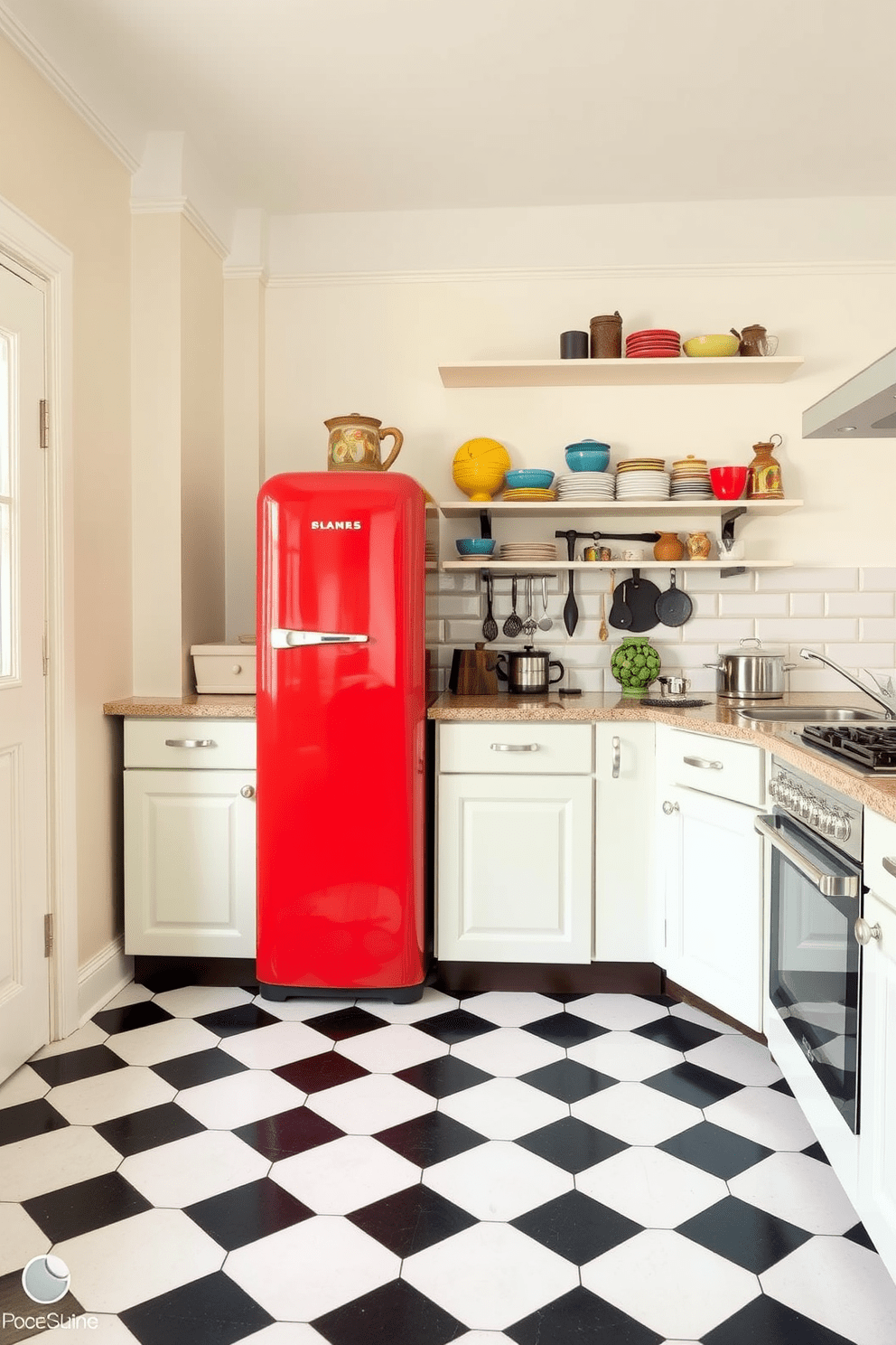 A retro-style fridge in a vibrant red hue stands out against the soft pastel cabinetry of the vintage kitchen. The kitchen features checkerboard flooring in black and white, with classic wooden shelves displaying colorful dishware and antique kitchen tools.