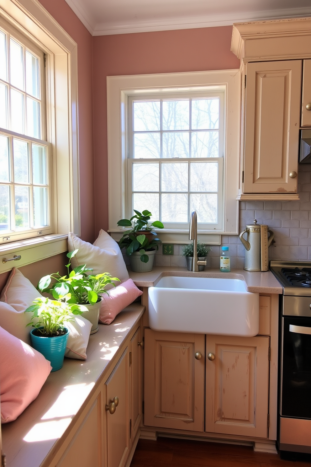 A charming window seat is adorned with plush cushions in soft pastel colors, inviting natural light to fill the space. Surrounding the seat, potted plants add a touch of greenery, creating a cozy nook perfect for relaxation. The vintage kitchen features distressed wooden cabinets with brass hardware, giving it a warm and inviting feel. A farmhouse sink is positioned under the window, complemented by a classic checkered backsplash that enhances the nostalgic atmosphere.