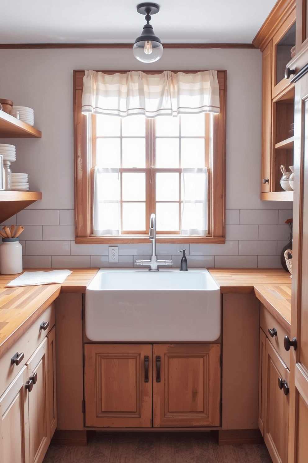 A vintage farmhouse sink with an apron front is the centerpiece of this charming kitchen. Surrounding the sink, distressed wooden cabinetry complements the rustic aesthetic, while open shelving displays vintage dishware and mason jars. The countertops are a warm butcher block, adding a cozy touch to the space. Soft, natural light filters through a window adorned with simple linen curtains, enhancing the inviting atmosphere of this vintage kitchen design.