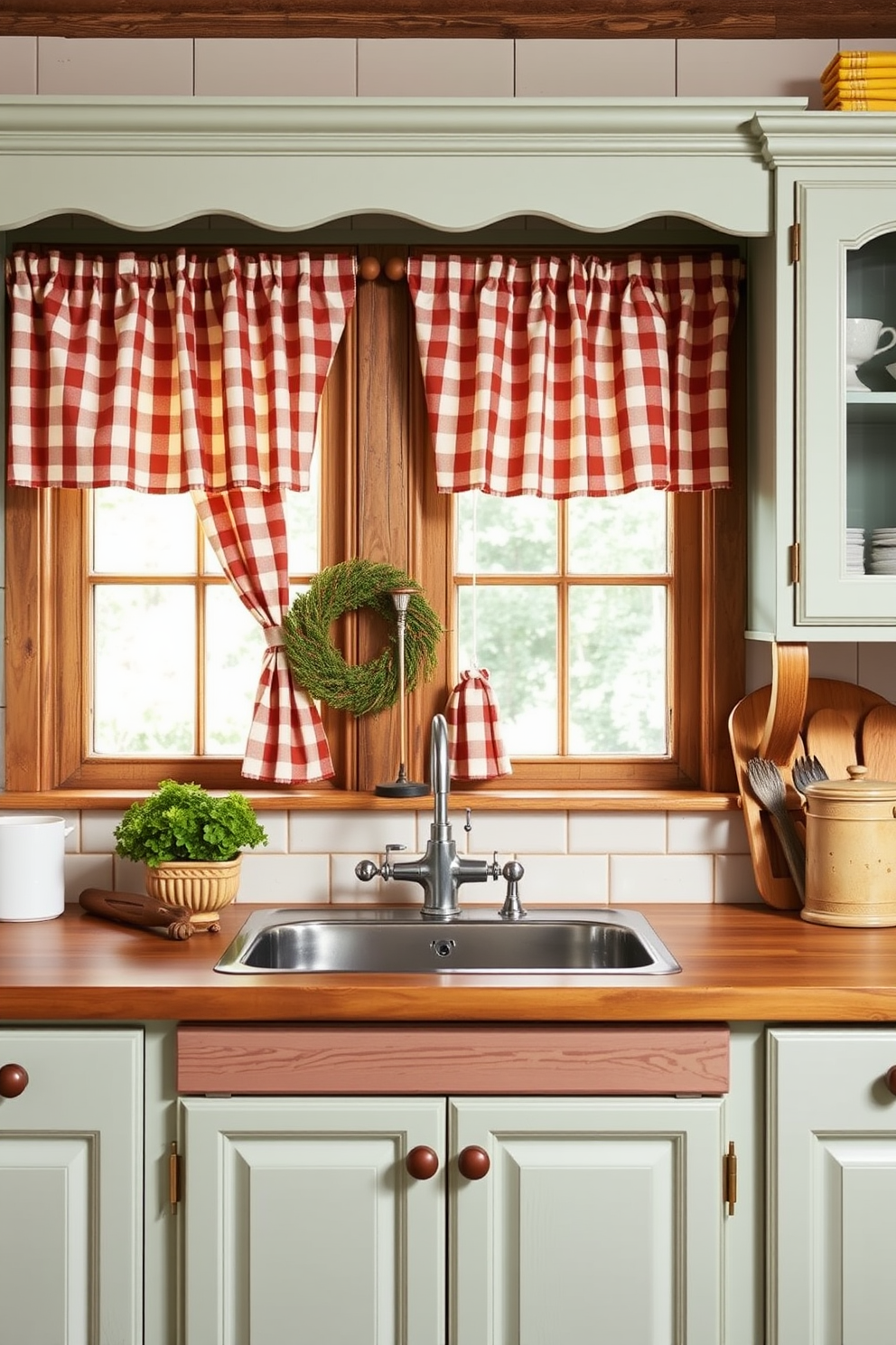 A vintage kitchen design featuring classic checkered curtains that add a cozy feel to the space. The cabinetry is painted in a soft pastel color, complemented by rustic wooden accents and vintage-style hardware.