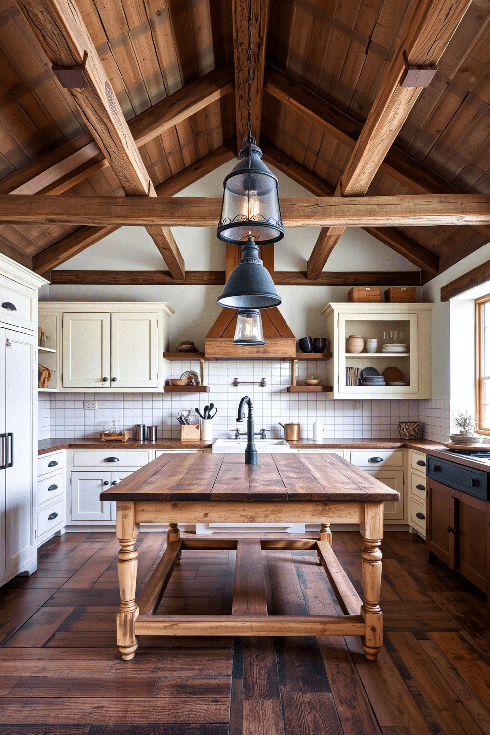 A charming vintage kitchen with rustic wooden beams stretching across the ceiling. The cabinetry features distressed paint in soft pastel colors, complemented by a farmhouse sink and a large wooden dining table at the center. Antique-style pendant lights hang above the table, casting a warm glow over the space. The flooring consists of reclaimed wood planks, and open shelving showcases vintage dishware and rustic decor.