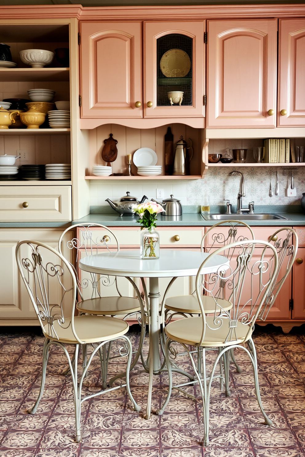 A charming bistro table is set in the center of a vintage kitchen adorned with classic cabinetry. Wrought iron chairs with intricate designs surround the table, adding a touch of elegance to the inviting space. The kitchen features a retro color palette with soft pastels and patterned tiles that enhance its nostalgic charm. Open shelving displays antique dishware and vintage kitchen tools, creating a warm and welcoming atmosphere.