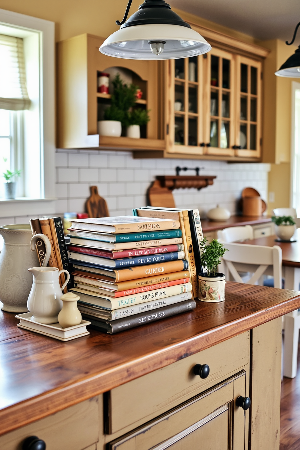 A charming vintage cookbook display is arranged on a rustic wooden countertop. The cookbooks are stacked in a casual yet organized manner, surrounded by quaint kitchen accessories like a ceramic pitcher and a small potted herb. The kitchen features a warm color palette with distressed cabinetry and classic subway tile backsplash. Vintage-inspired appliances add character, and a cozy breakfast nook with a farmhouse table completes the inviting atmosphere.